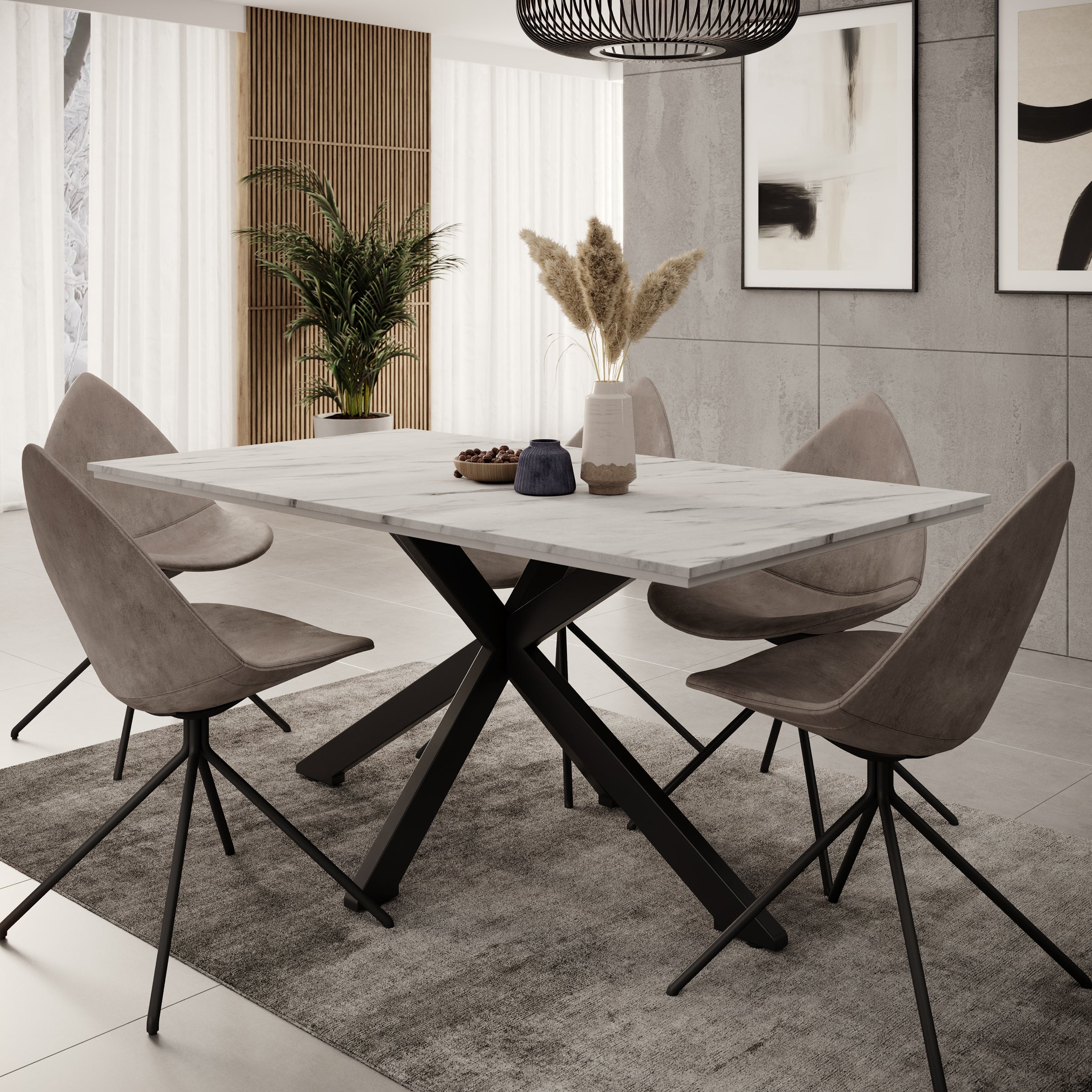 Eetkamertafel Wabe - Wit marmerlook - 160x90x74 cm