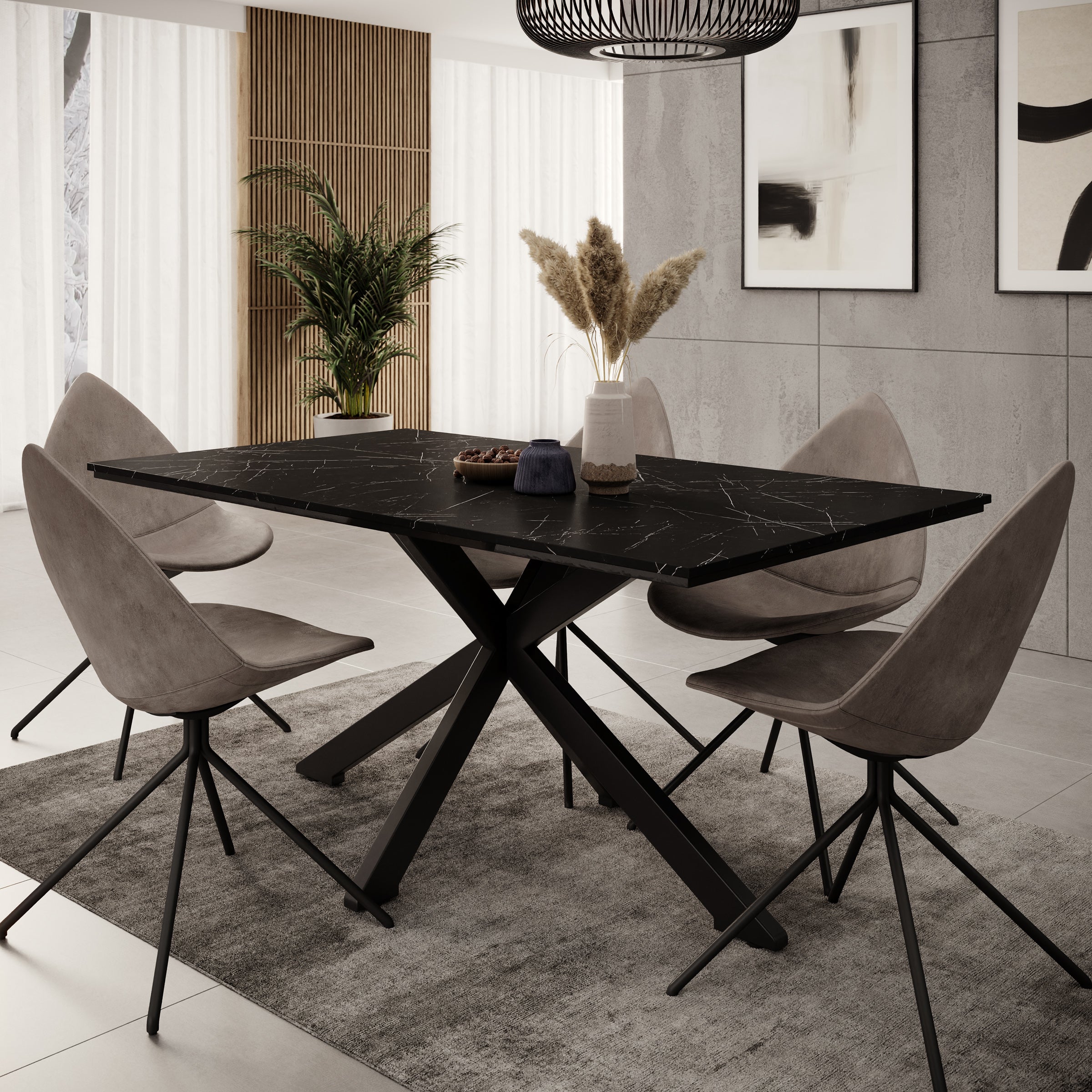 Eetkamertafel Wabe - Zwart marmerlook - 160x90x74 cm