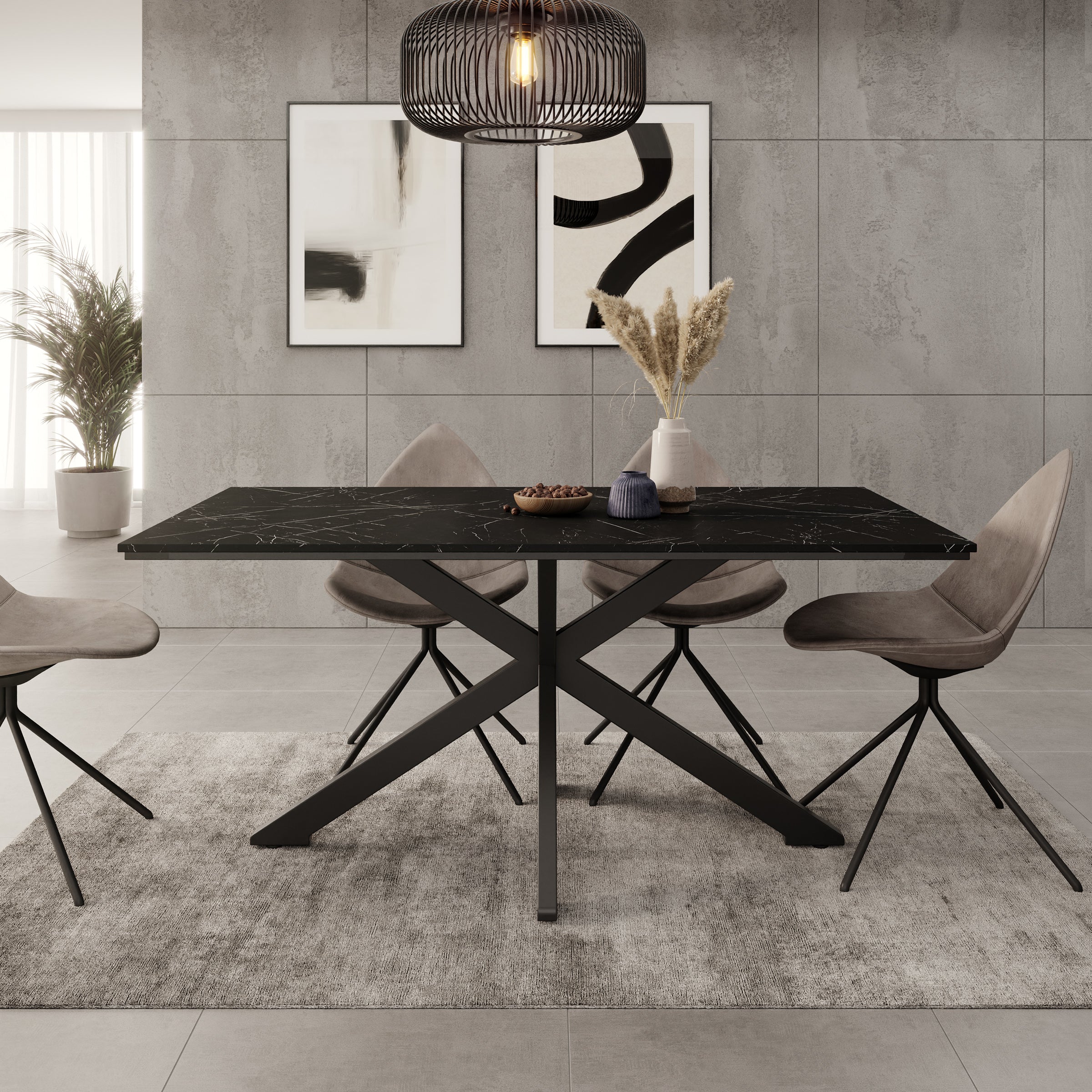 Eetkamertafel Wabe - Zwart marmerlook - 160x90x74 cm