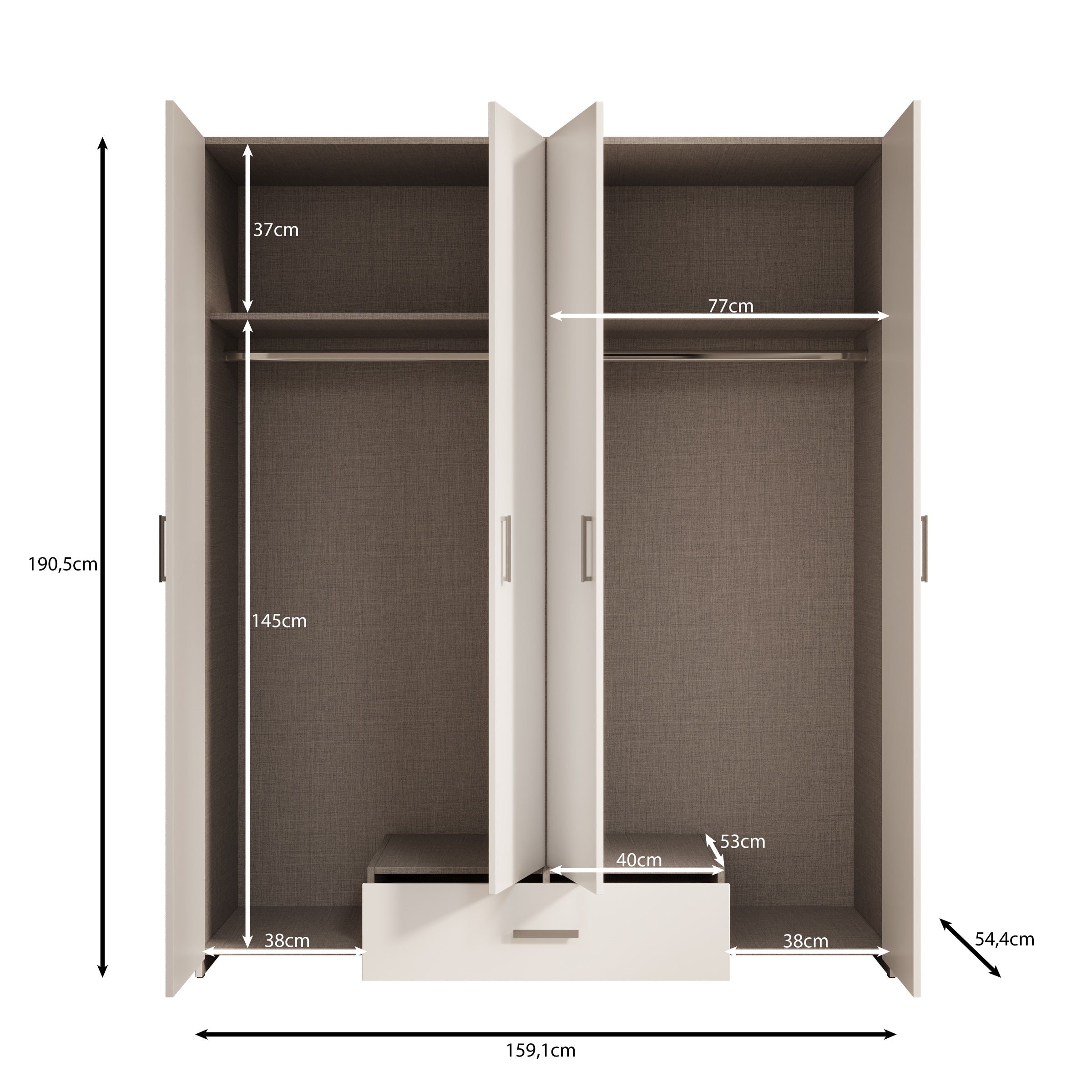 Elario - Kledingkast 4 deurs - Wit - 159x54x191 cm