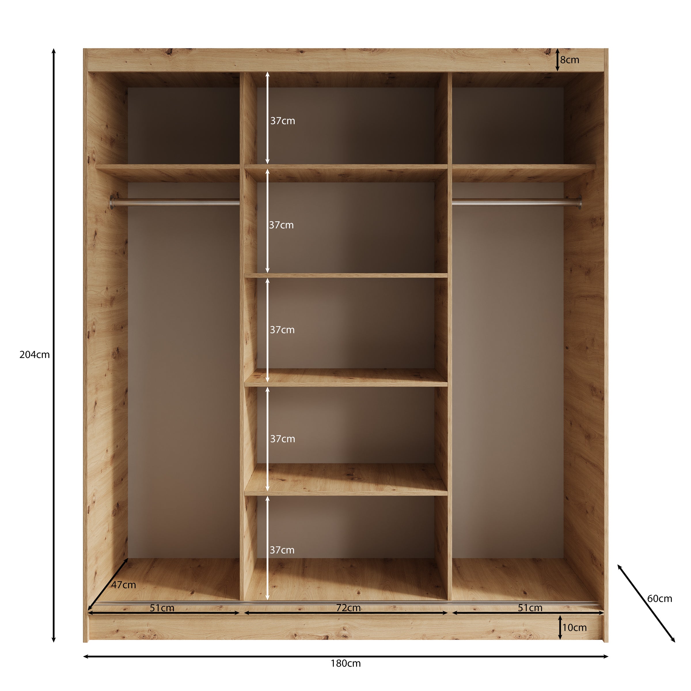 Elles - Kledingkast met 3 schuifdeuren - Eiken - 180x60x204