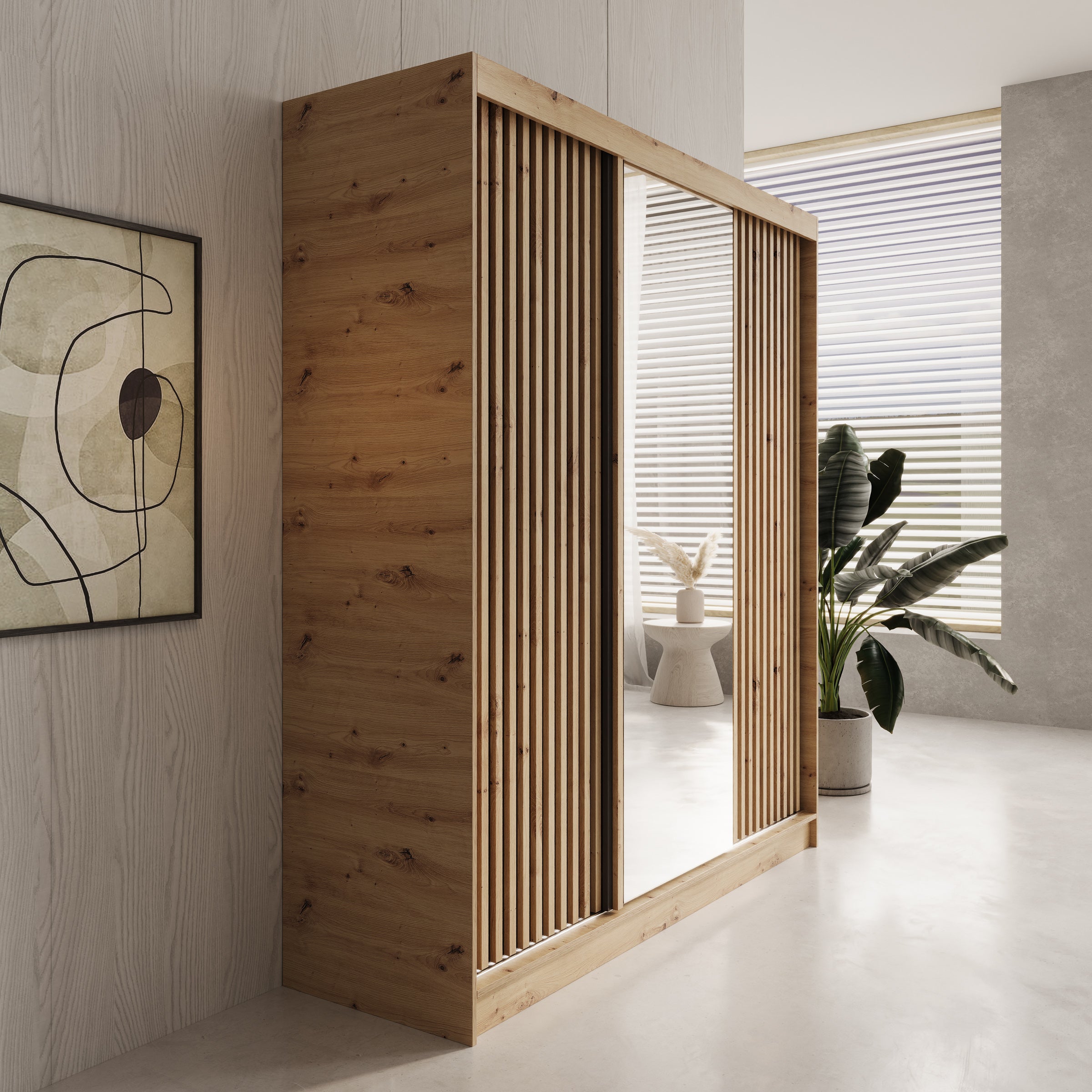Elles - Kledingkast met 3 schuifdeuren - Eiken - 180x60x204