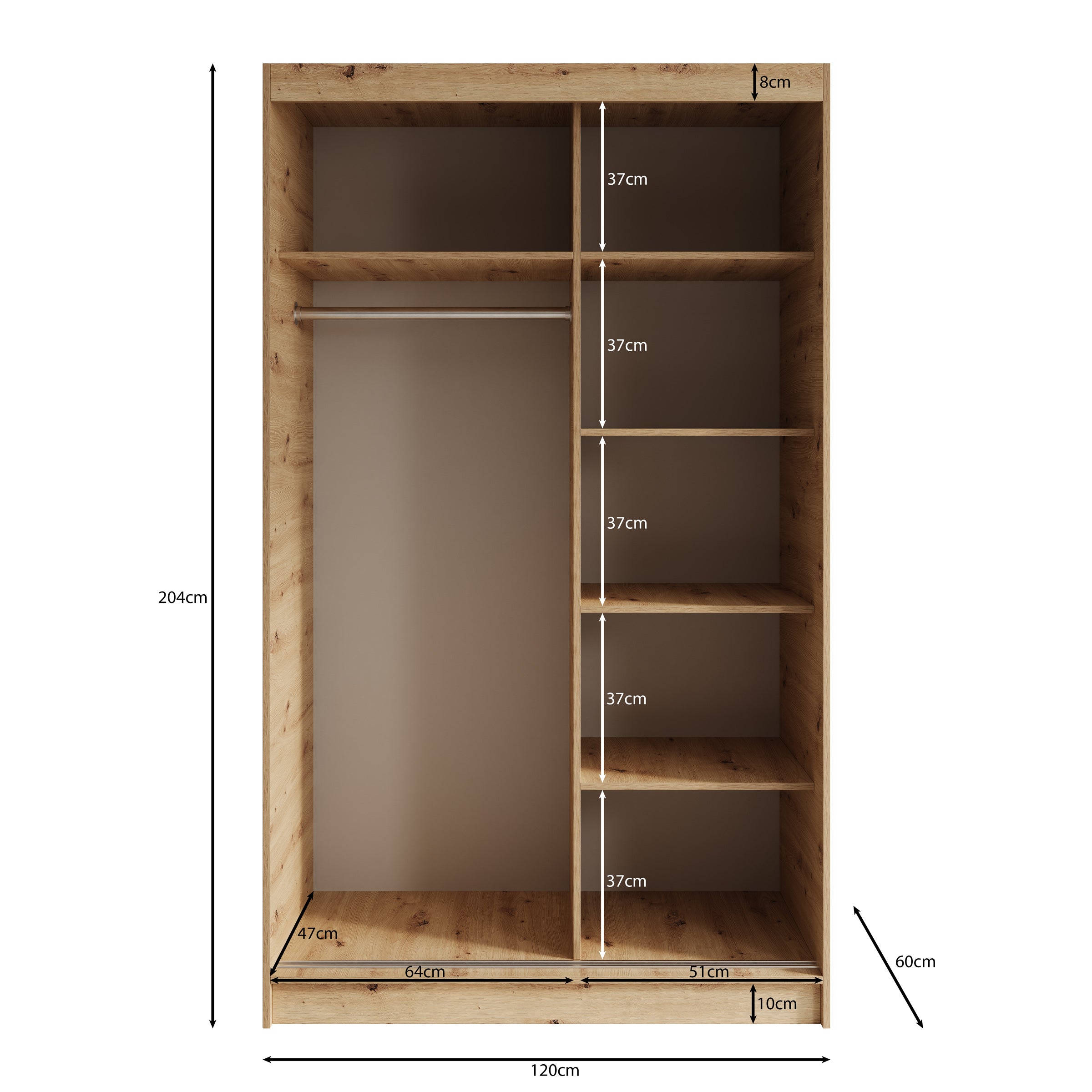 Elles - Kledingkast met schuifdeuren - Eiken - 120x60x204 cm