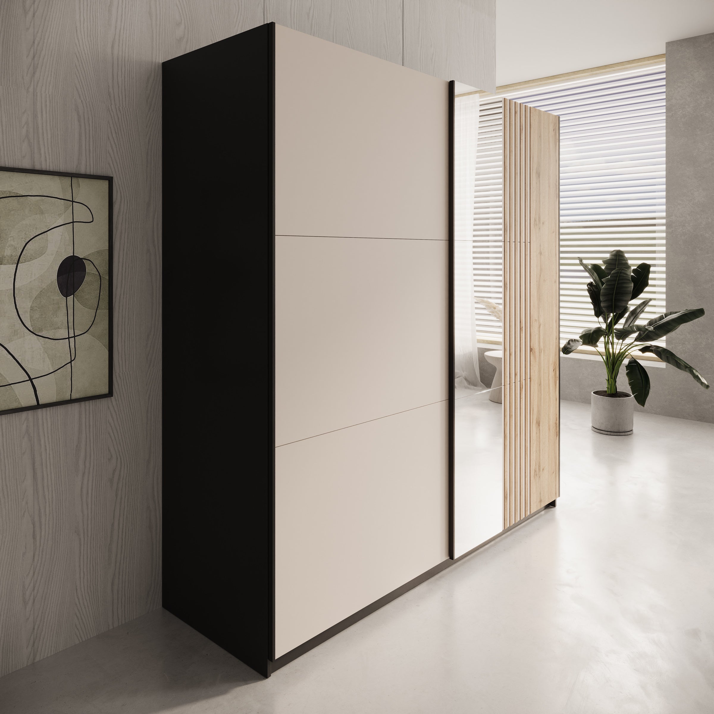 Enso - Kledingkast met schuifdeuren - Beige/Zwart - 203x65x215 cm