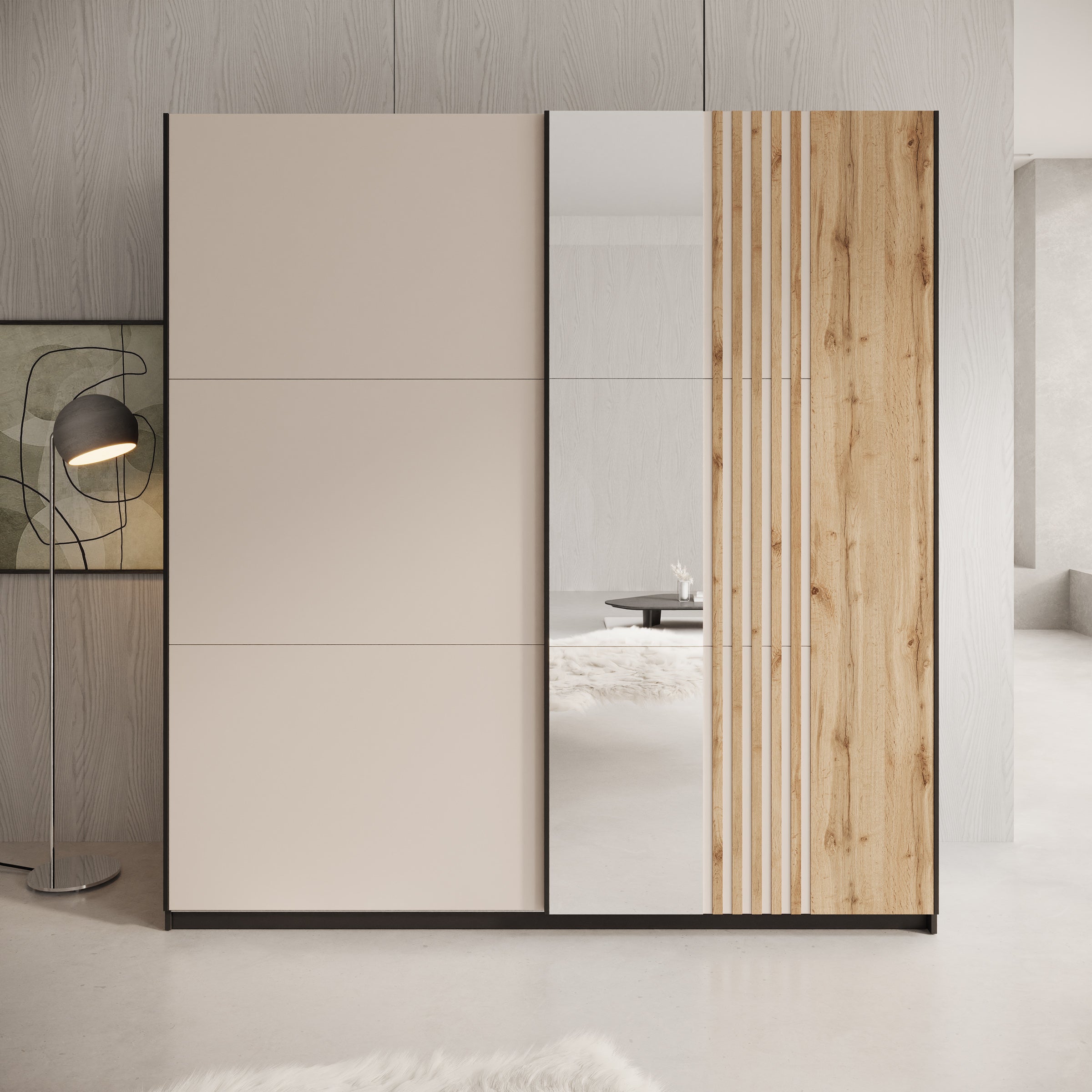 Enso - Kledingkast met schuifdeuren - Beige/Zwart - 203x65x215 cm