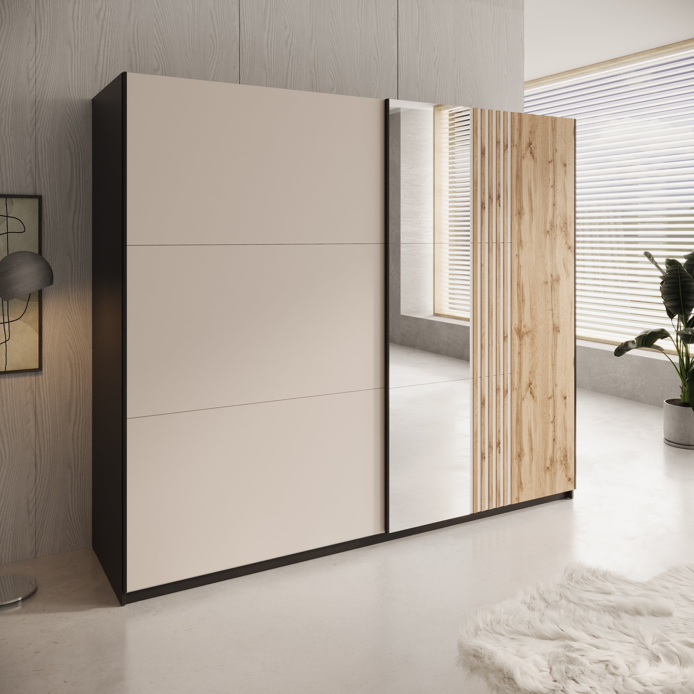 Enso - Kledingkast met schuifdeuren - Beige/Zwart - 250x65x215 cm