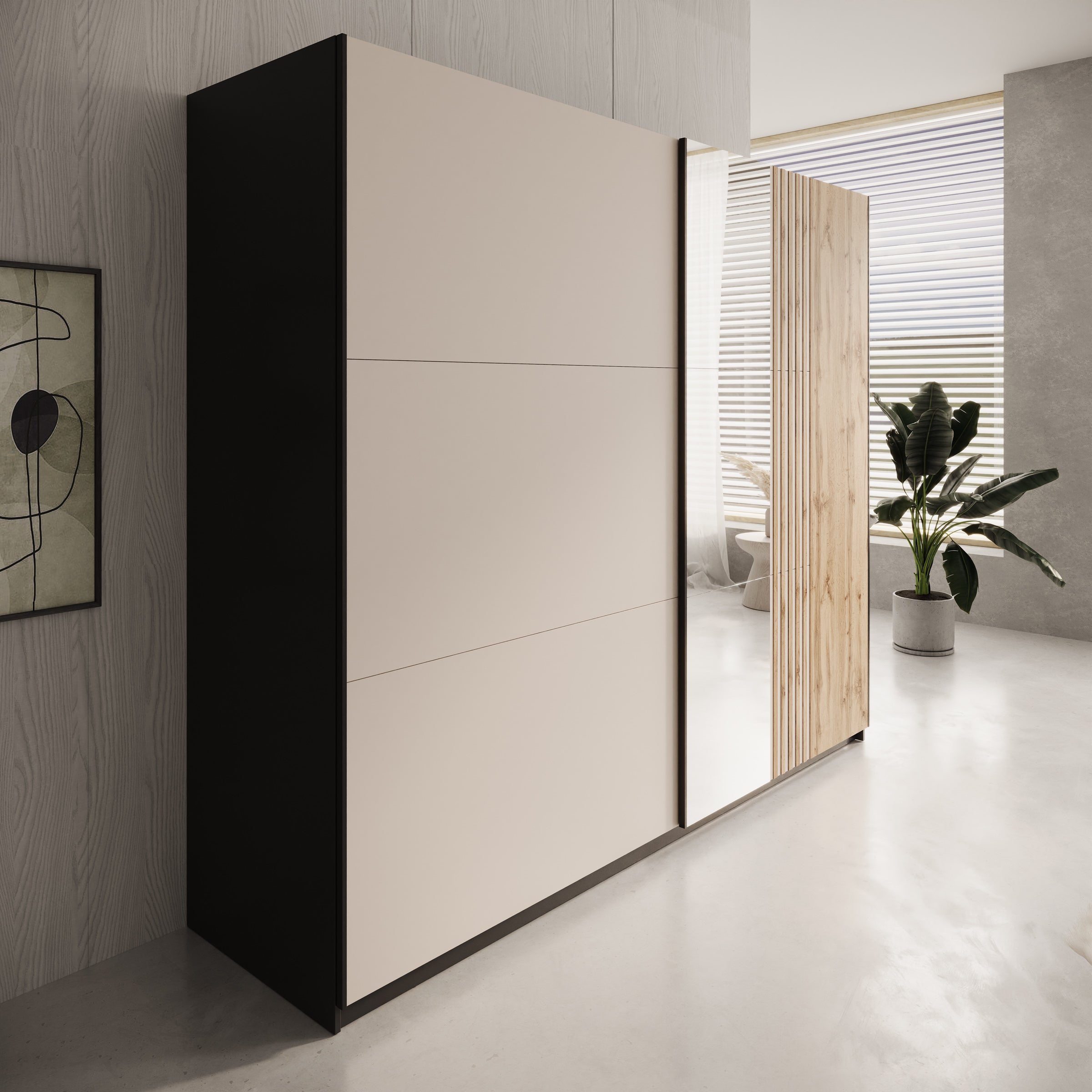 Enso - Kledingkast met schuifdeuren - Beige/Zwart - 250x65x215 cm