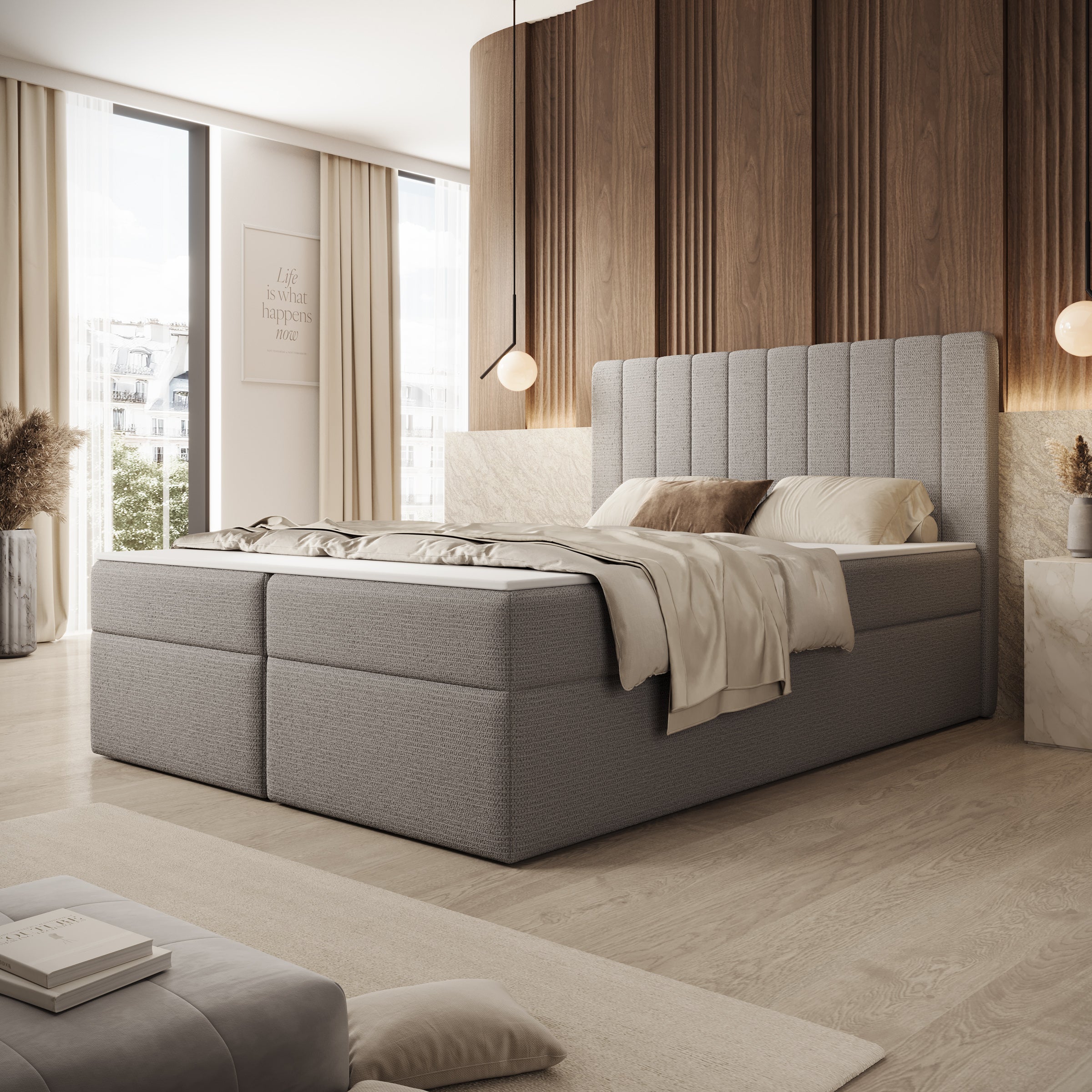 Ensono - Boxspring met opbergruimte - Stof grijs - 140x200 cm