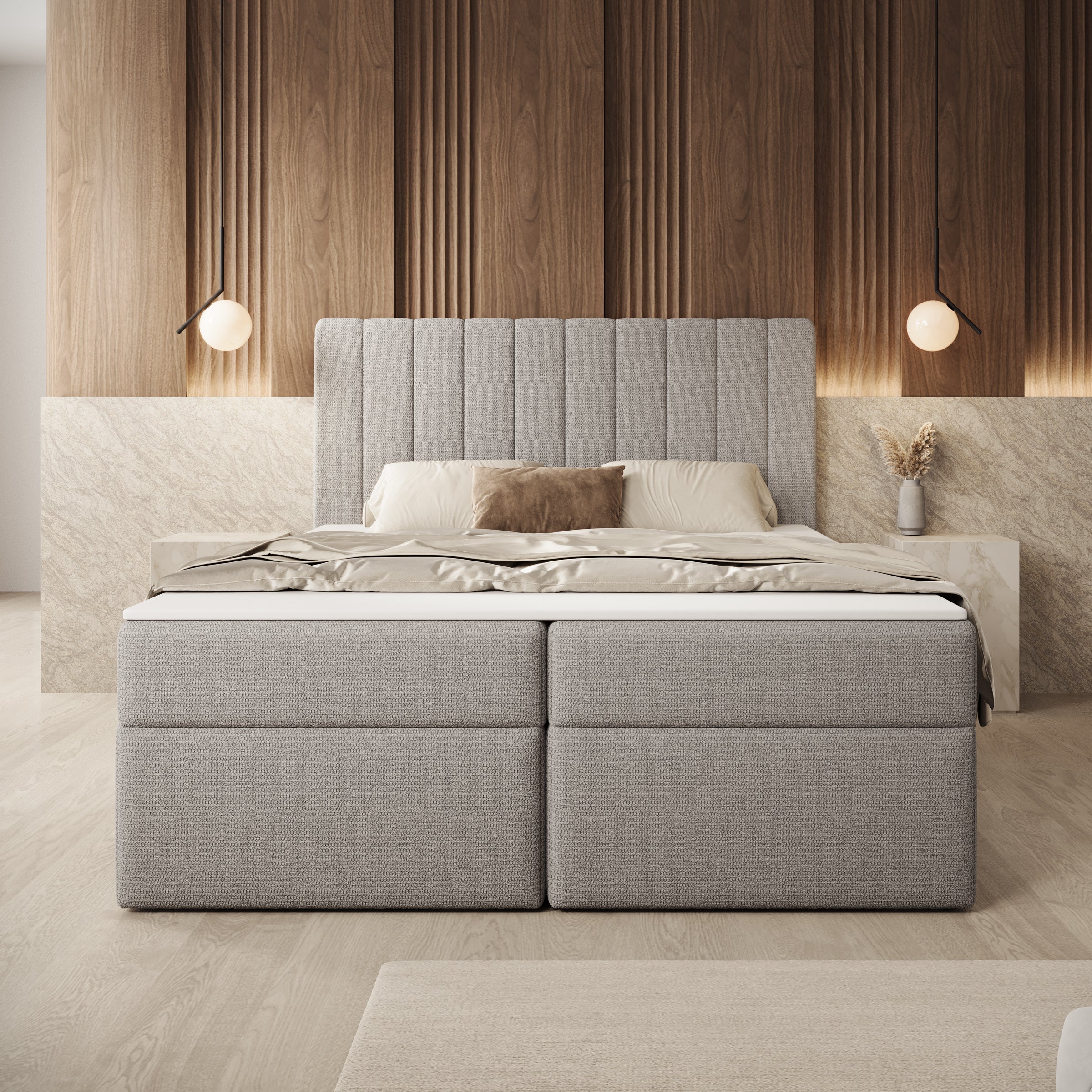 Ensono - Boxspring met opbergruimte - Stof grijs - 140x200 cm