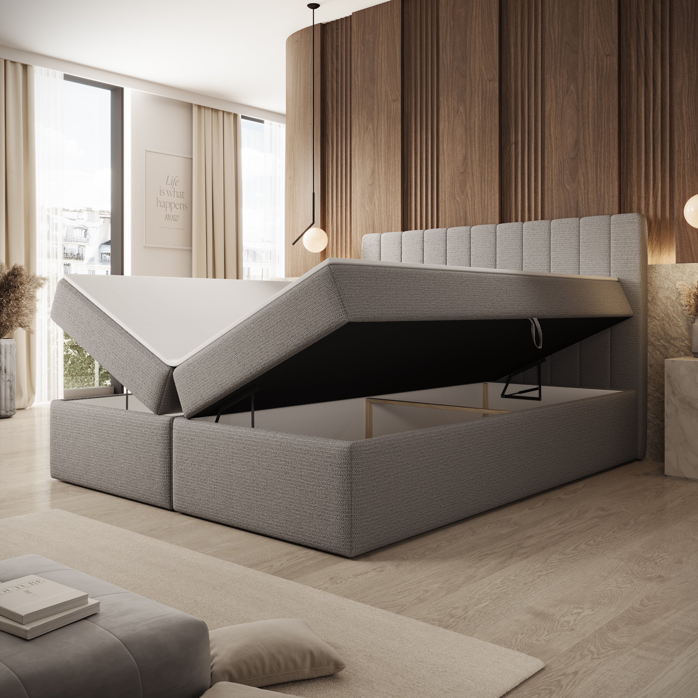 Ensono - Boxspring met opbergruimte - Stof grijs - 160x200 cm