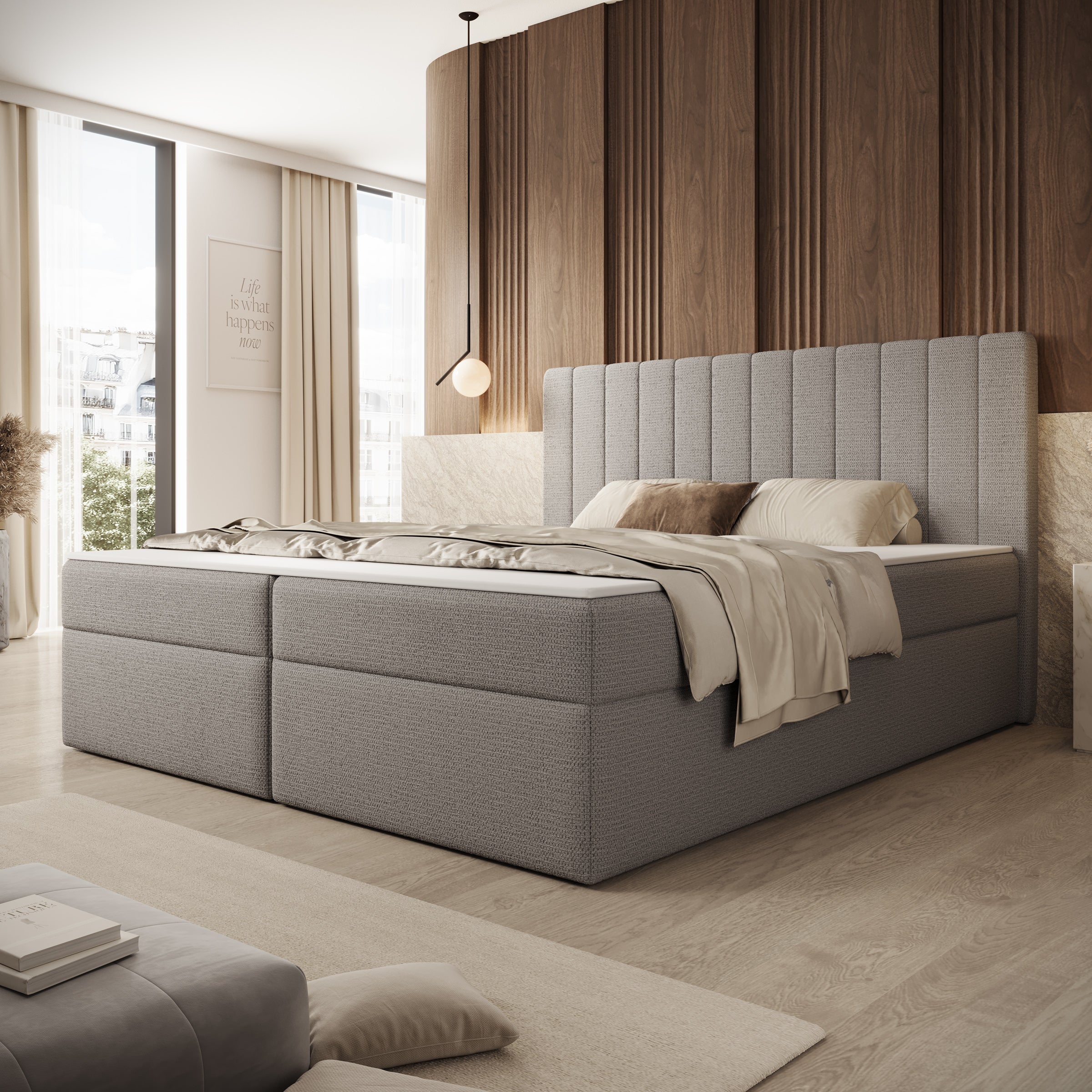 Ensono - Boxspring met opbergruimte - Stof grijs - 180x200 cm