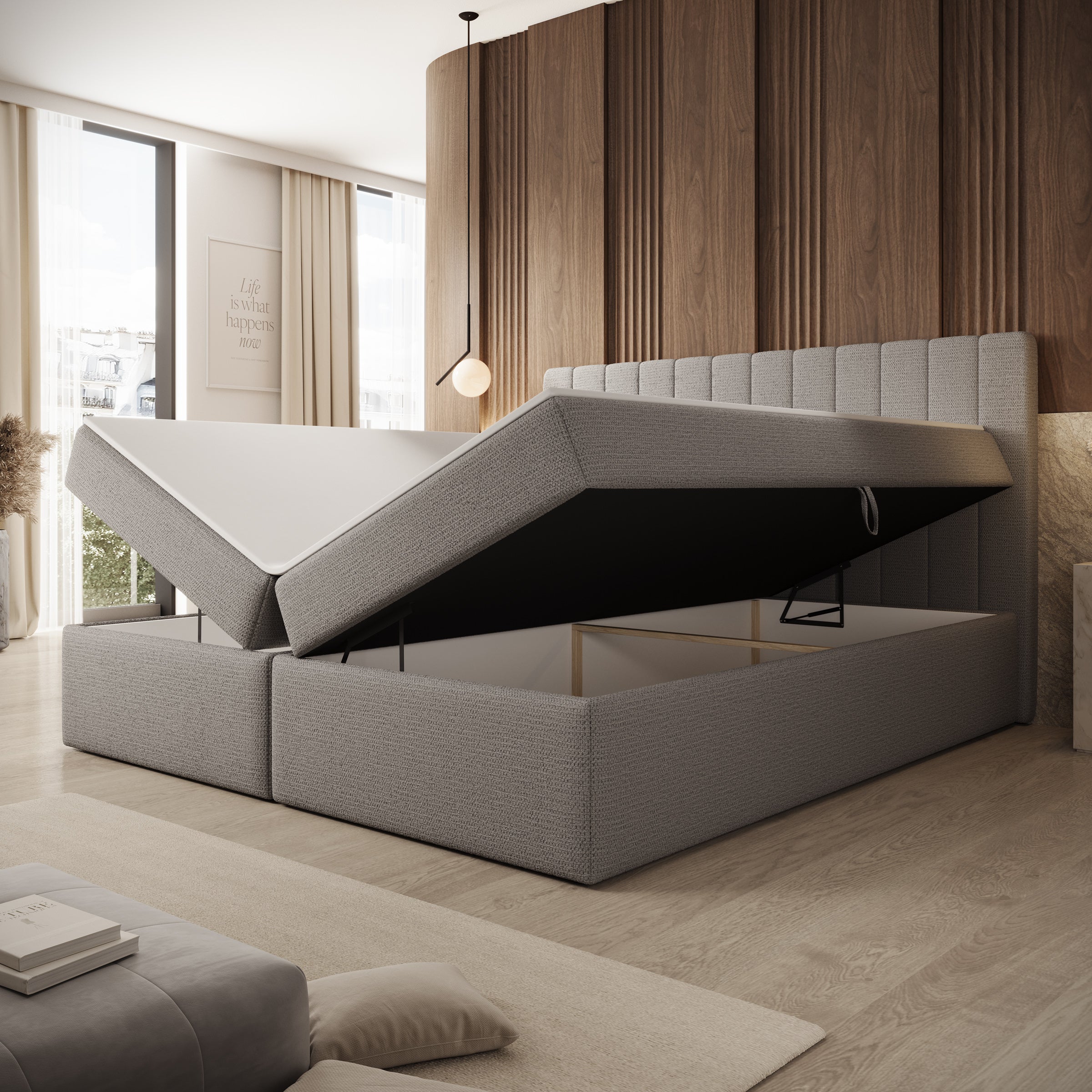 Ensono - Boxspring met opbergruimte - Stof grijs - 180x200 cm