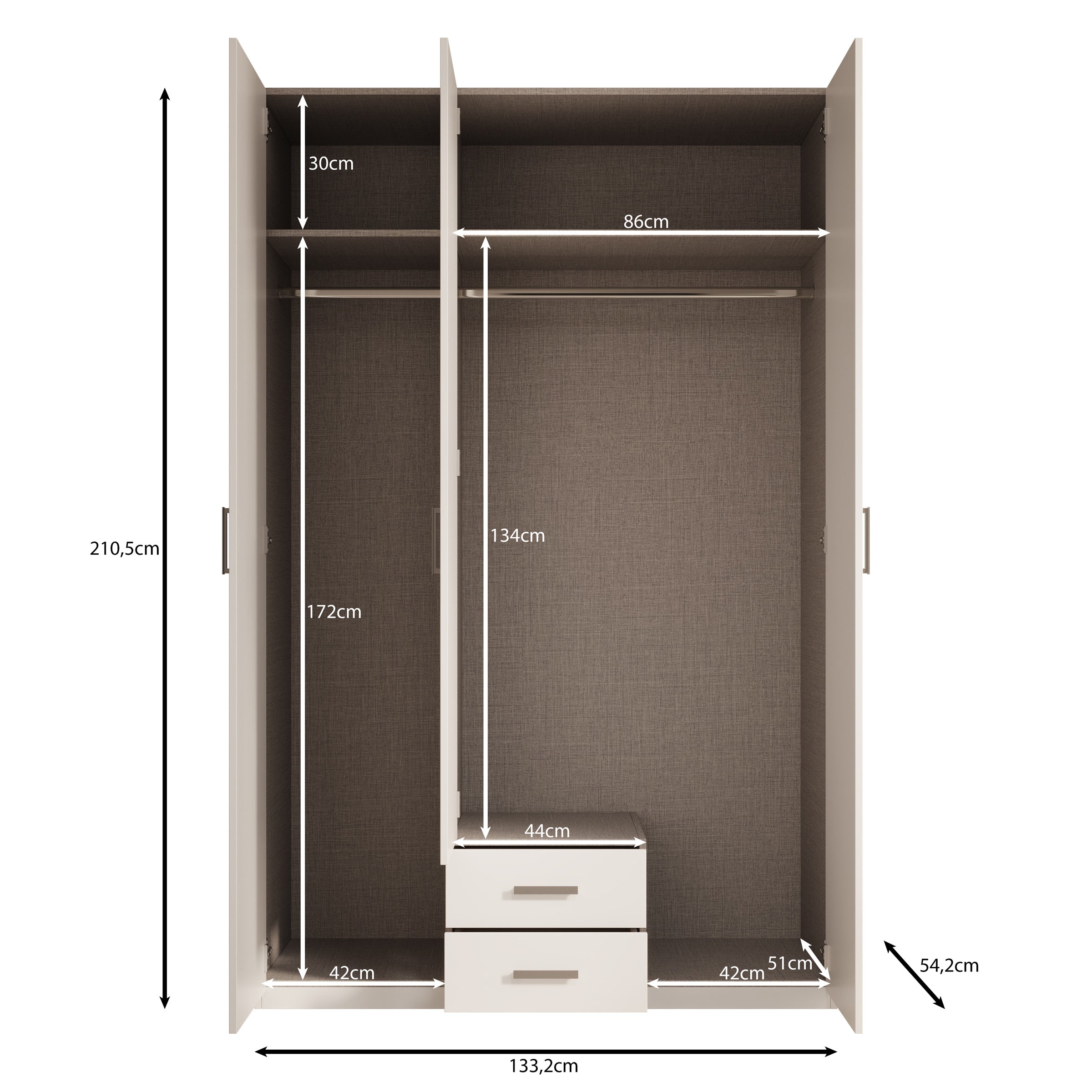 Enzio - Kledingkast 3 deurs - Wit - 133x54x211 cm