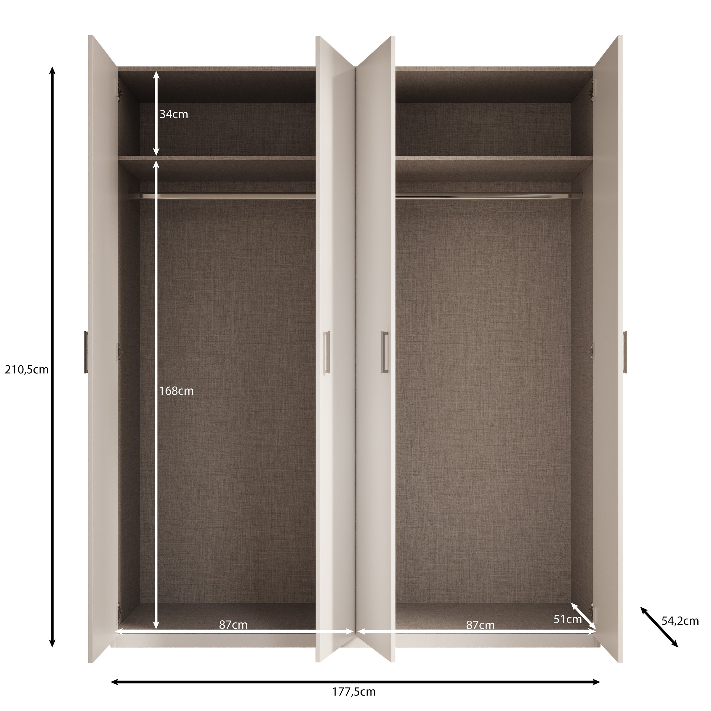 Enzio - Kledingkast 4 deurs - Wit - 178x54x211 cm