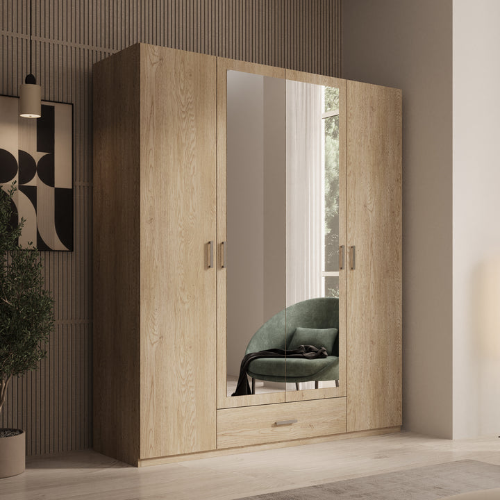 Enzio - Kledingkast 4 deurs met spiegel - Eikenpatroon - 178x54x211 cm