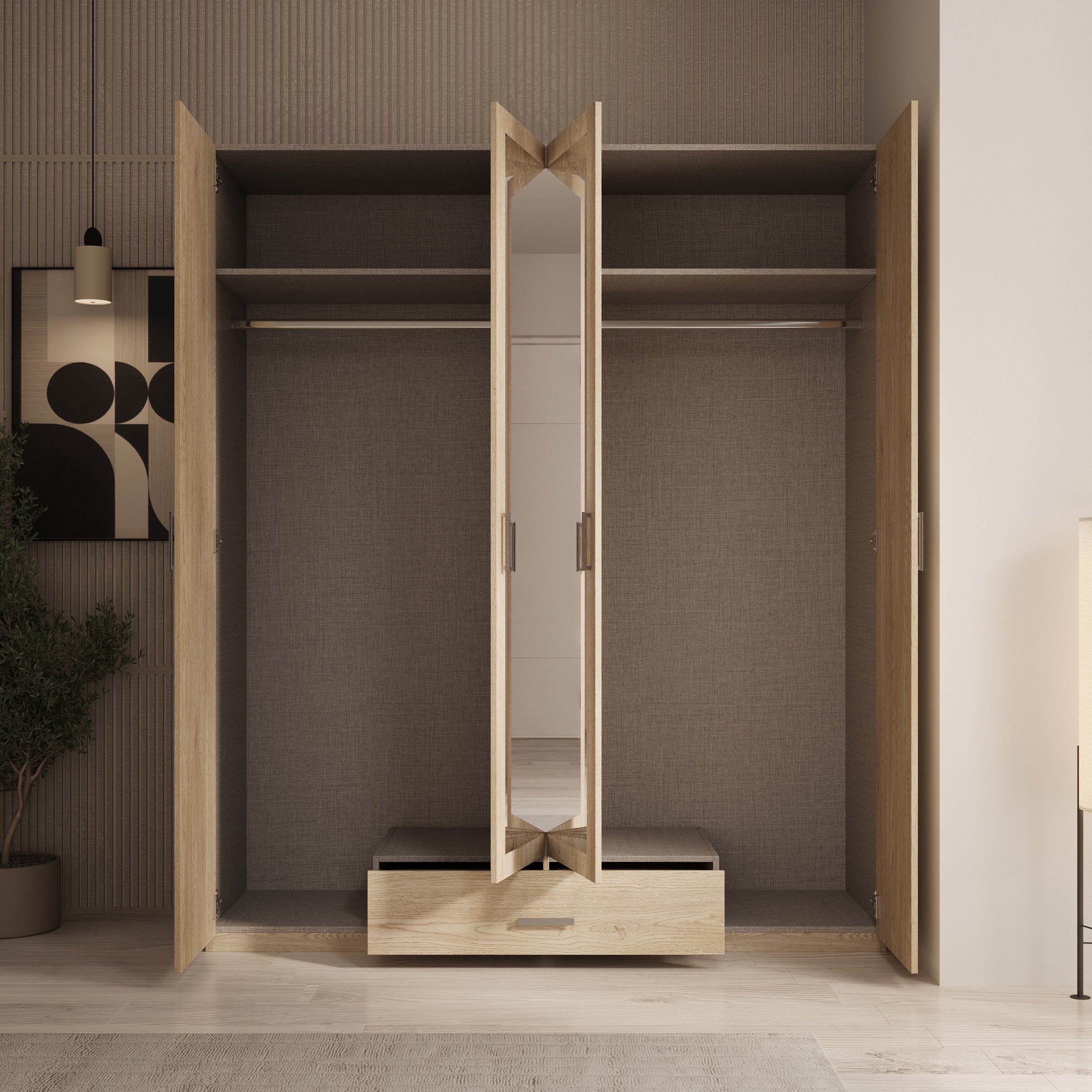 Enzio - Kledingkast 4 deurs met spiegel - Eikenpatroon - 178x54x211 cm