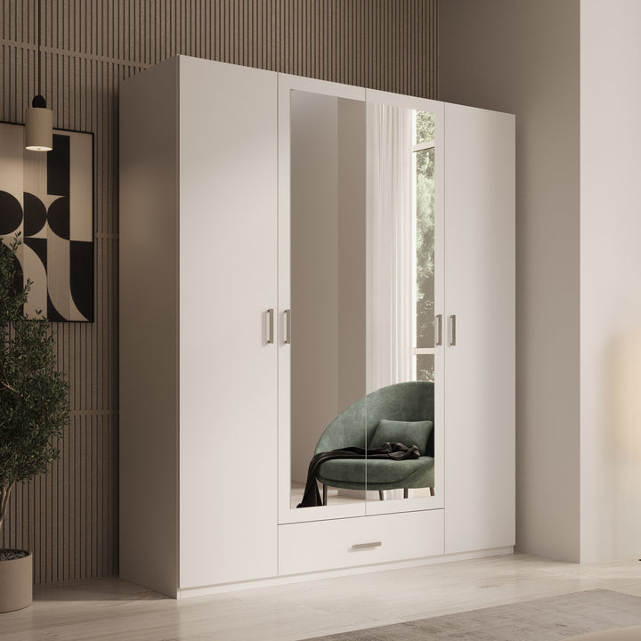 Enzio - Kledingkast 4 deurs met spiegel - Wit - 178x54x211 cm