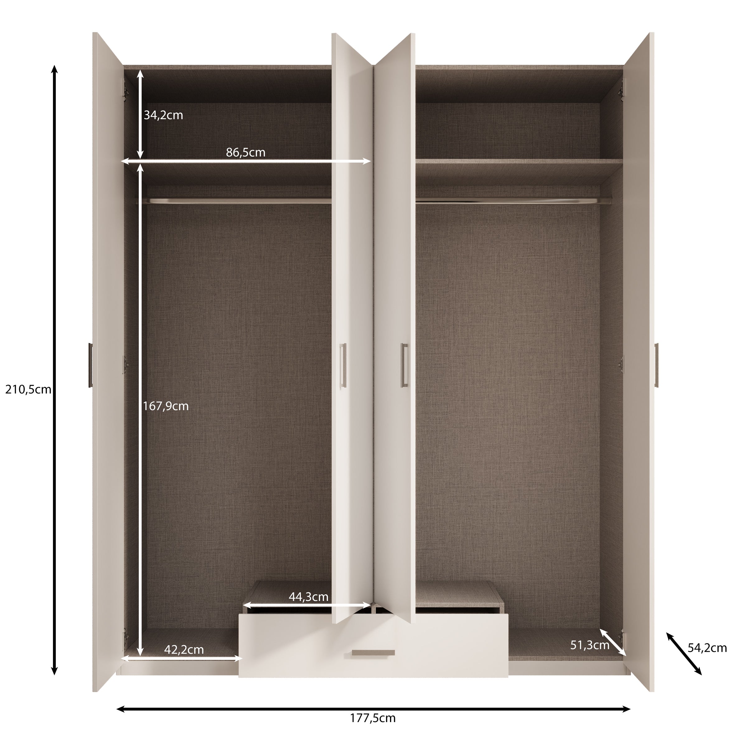Enzio - Kledingkast met 4 deuren - Wit - 178x54x211 cm