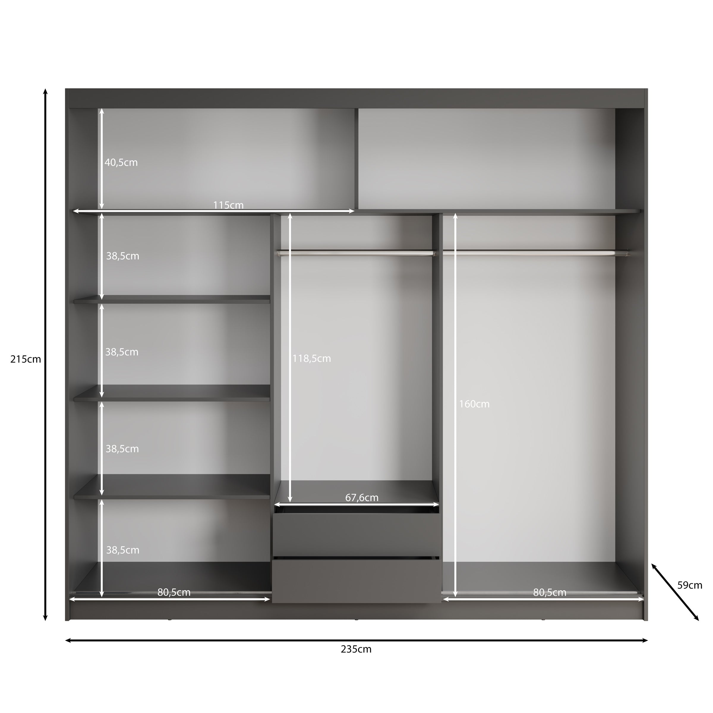 Erie - Kledingkast met schuifdeuren - Grijs - 235x59x215 cm