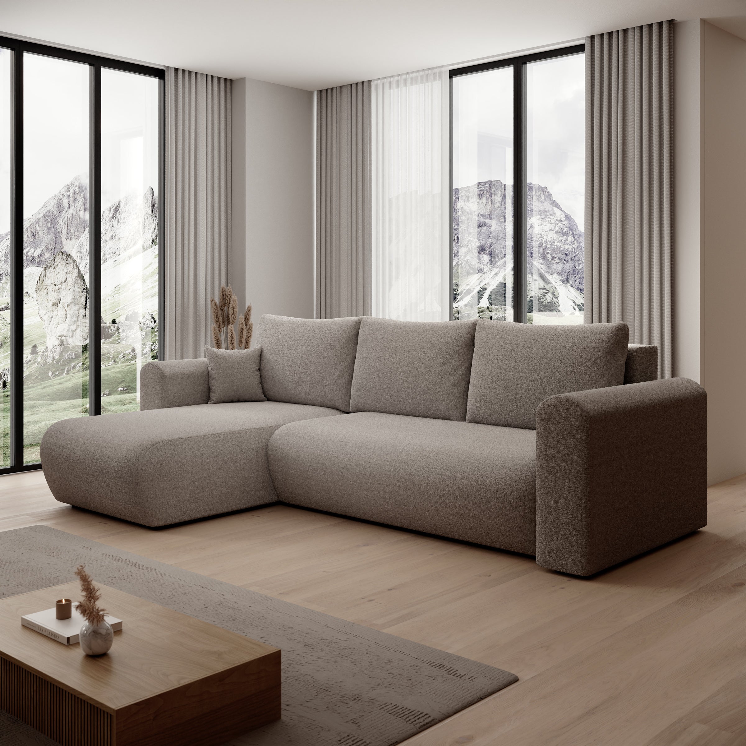 Esencia - Hoekbank 3-zits met chaise longue - Stof beige - 252x158x80 cm