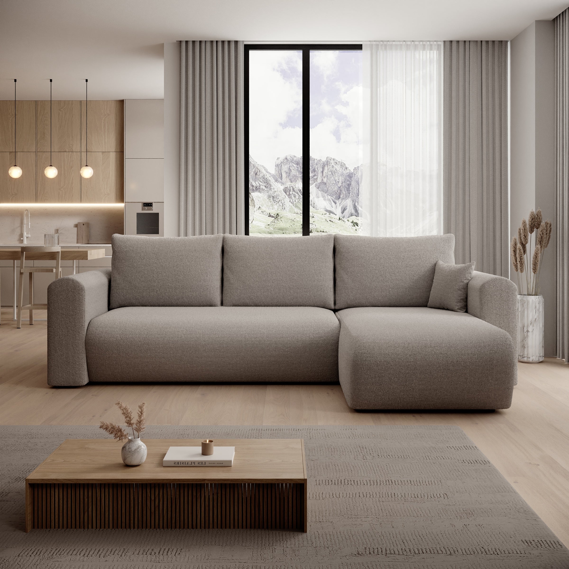 Esencia - Hoekbank 3-zits met chaise longue - Stof beige - 252x158x80 cm