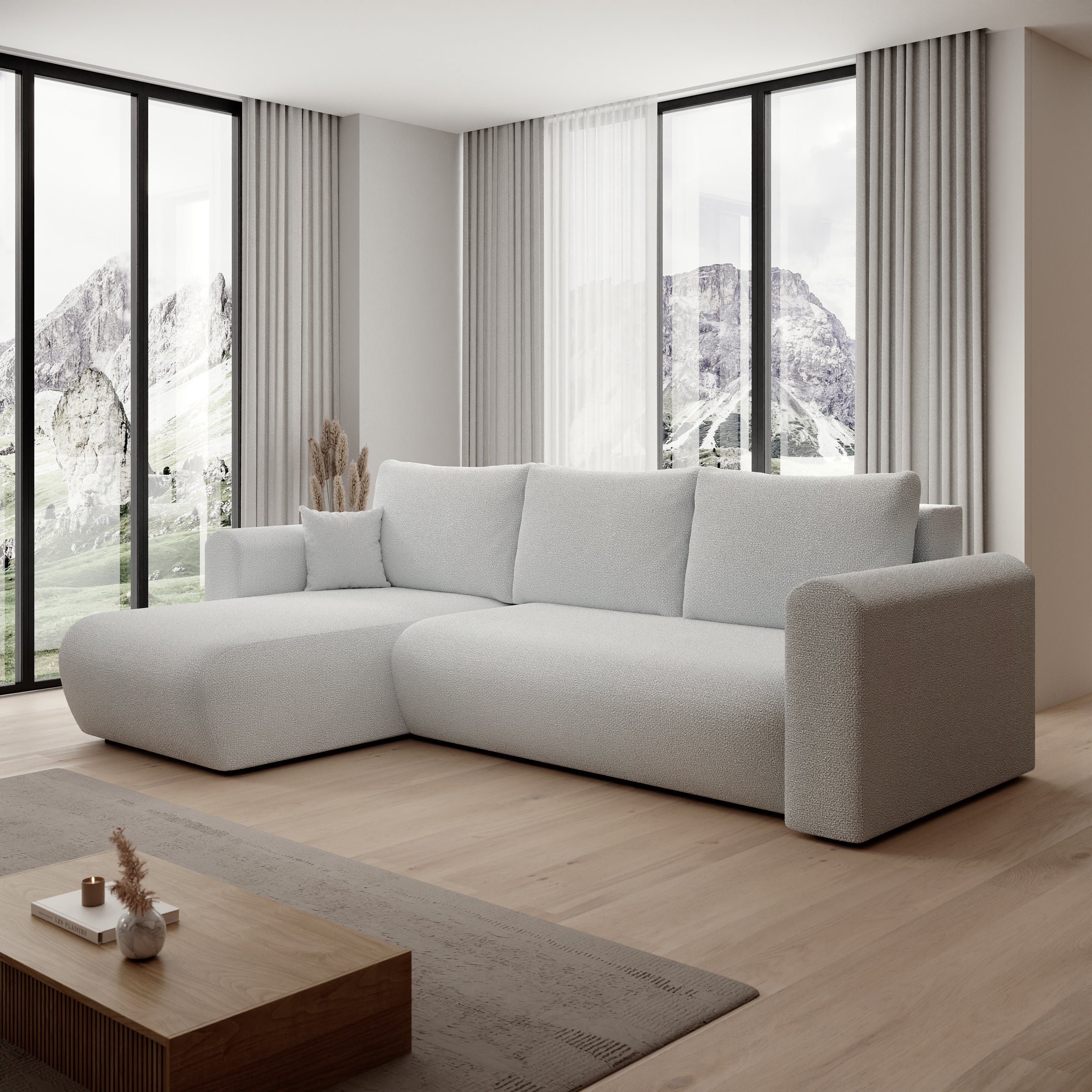 Esencia - Hoekbank 3-zits met chaise longue - Stof grijs - 252x158x80 cm