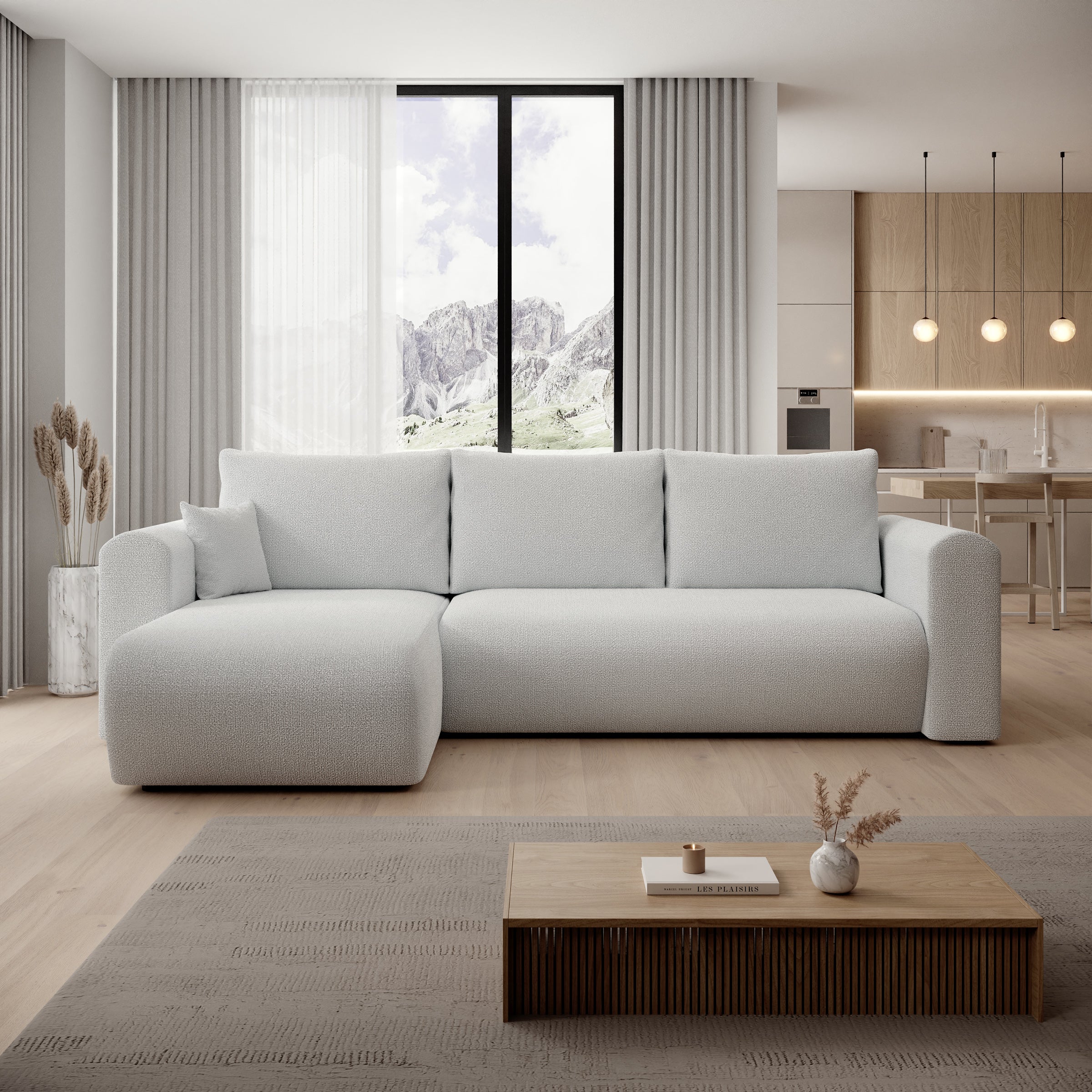 Esencia - Hoekbank 3-zits met chaise longue - Stof grijs - 252x158x80 cm