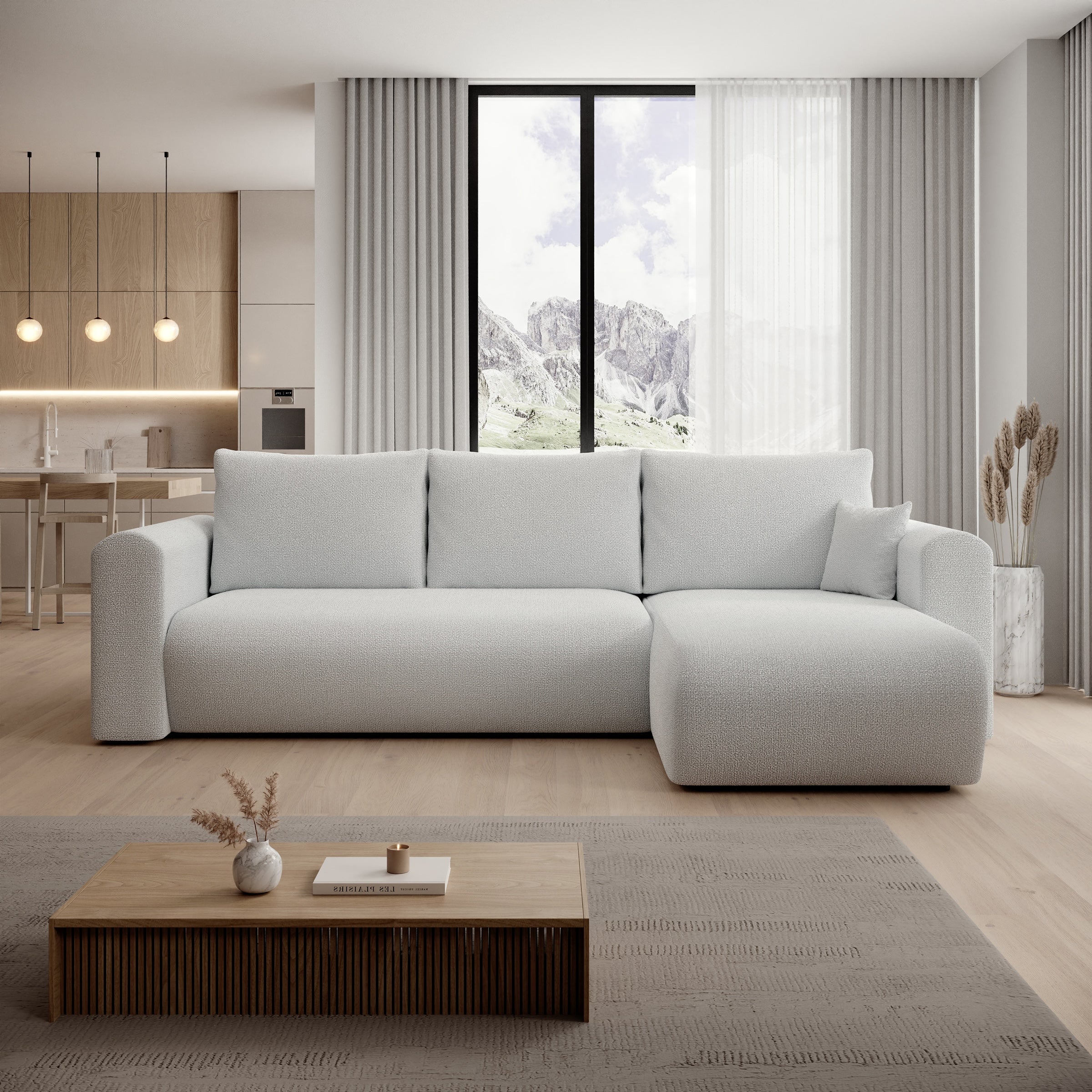 Esencia - Hoekbank 3-zits met chaise longue - Stof grijs - 252x158x80 cm