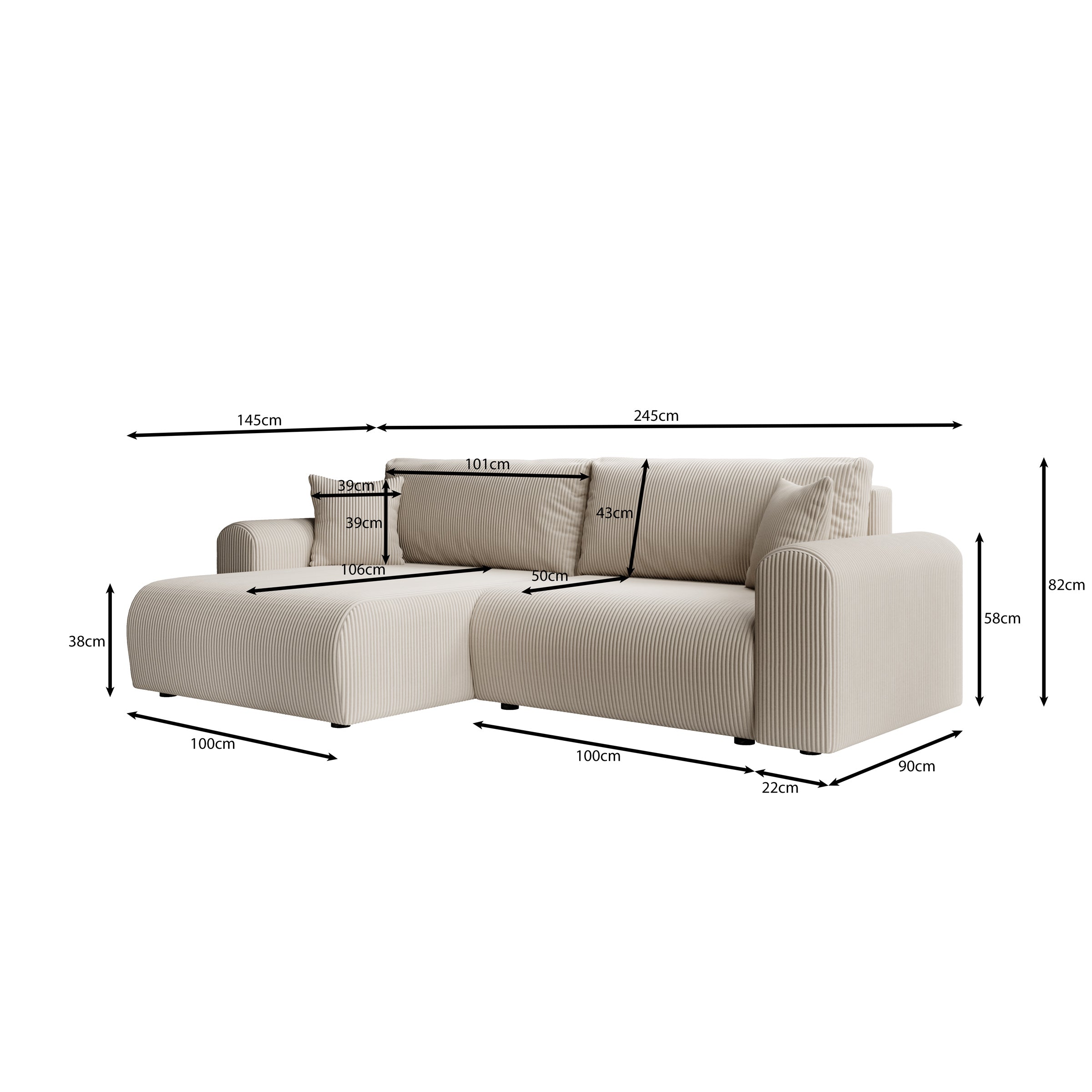 Fayel - Hoekbank 2-zits met chaise longue - Ribstof beige