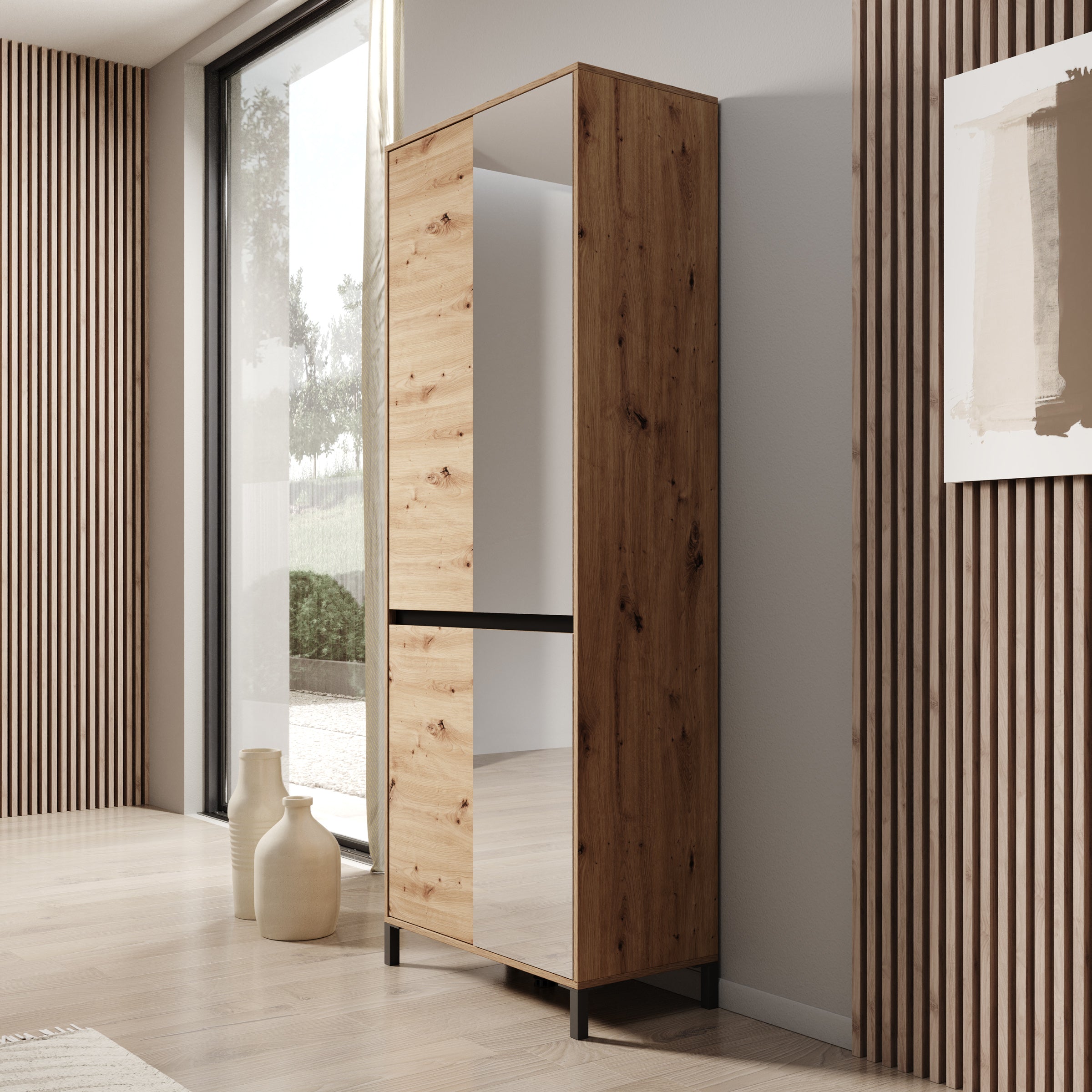 Finta - Schoenenkast met spiegel - Eiken - 80x40x206 cm