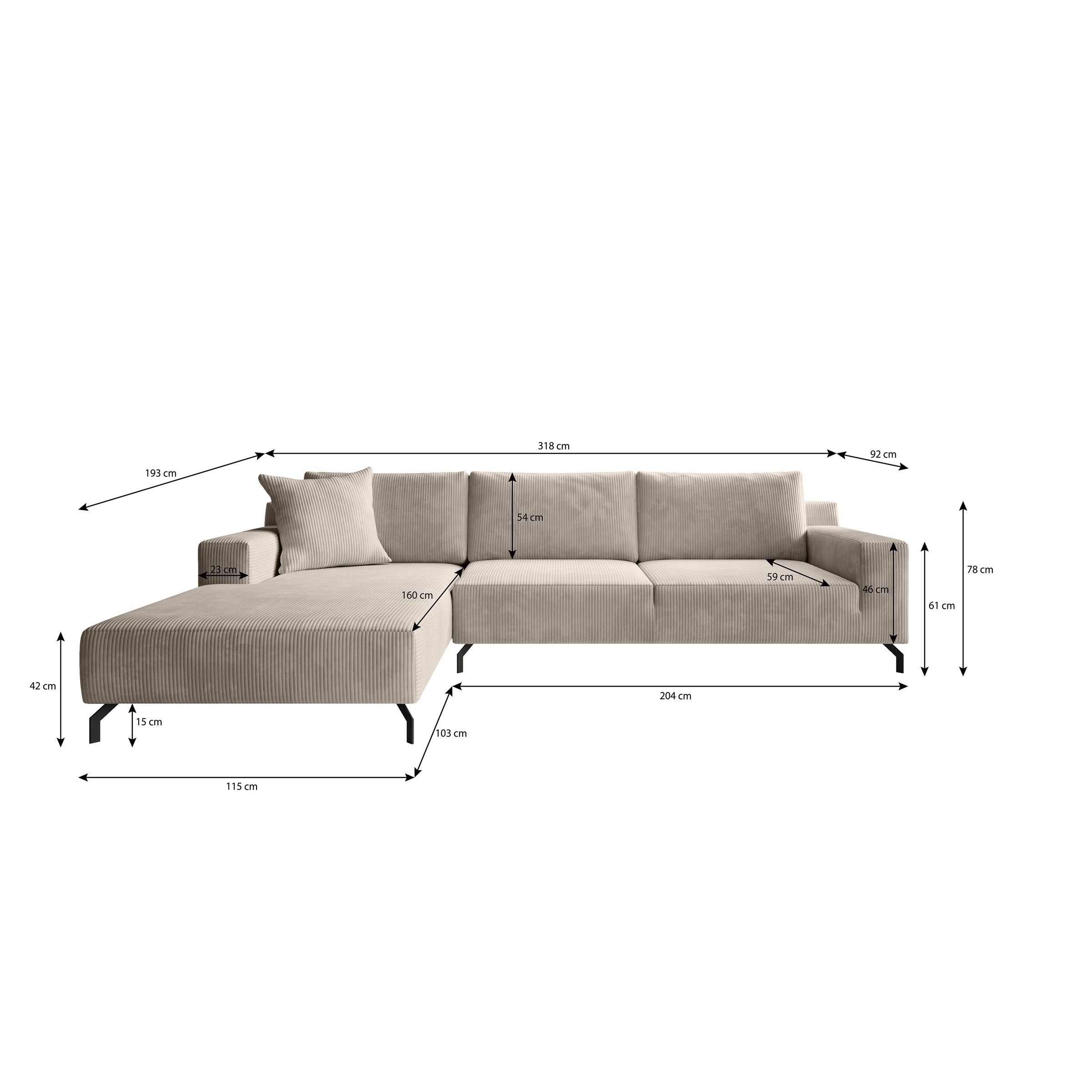 Florencio - Hoekbank 3-zits met CL - Ribstof beige - Links
