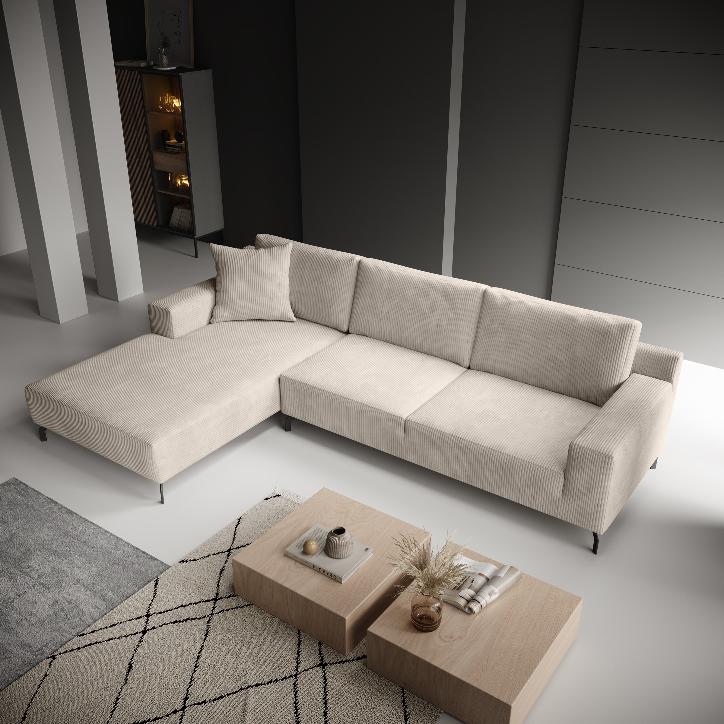 Florencio - Hoekbank 3-zits met CL - Ribstof beige - Links