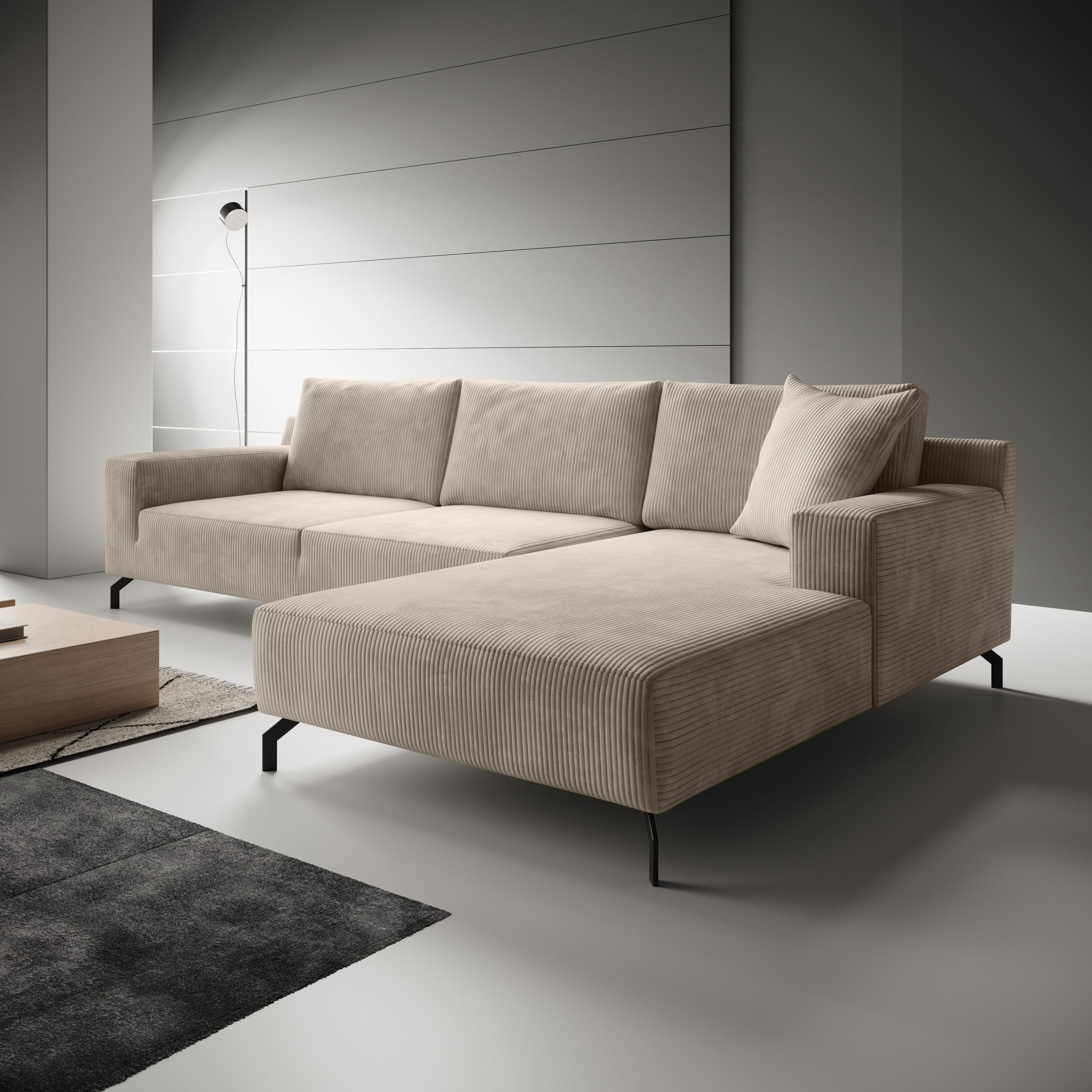 Florencio - Hoekbank 3-zits met CL - Ribstof beige - Rechts