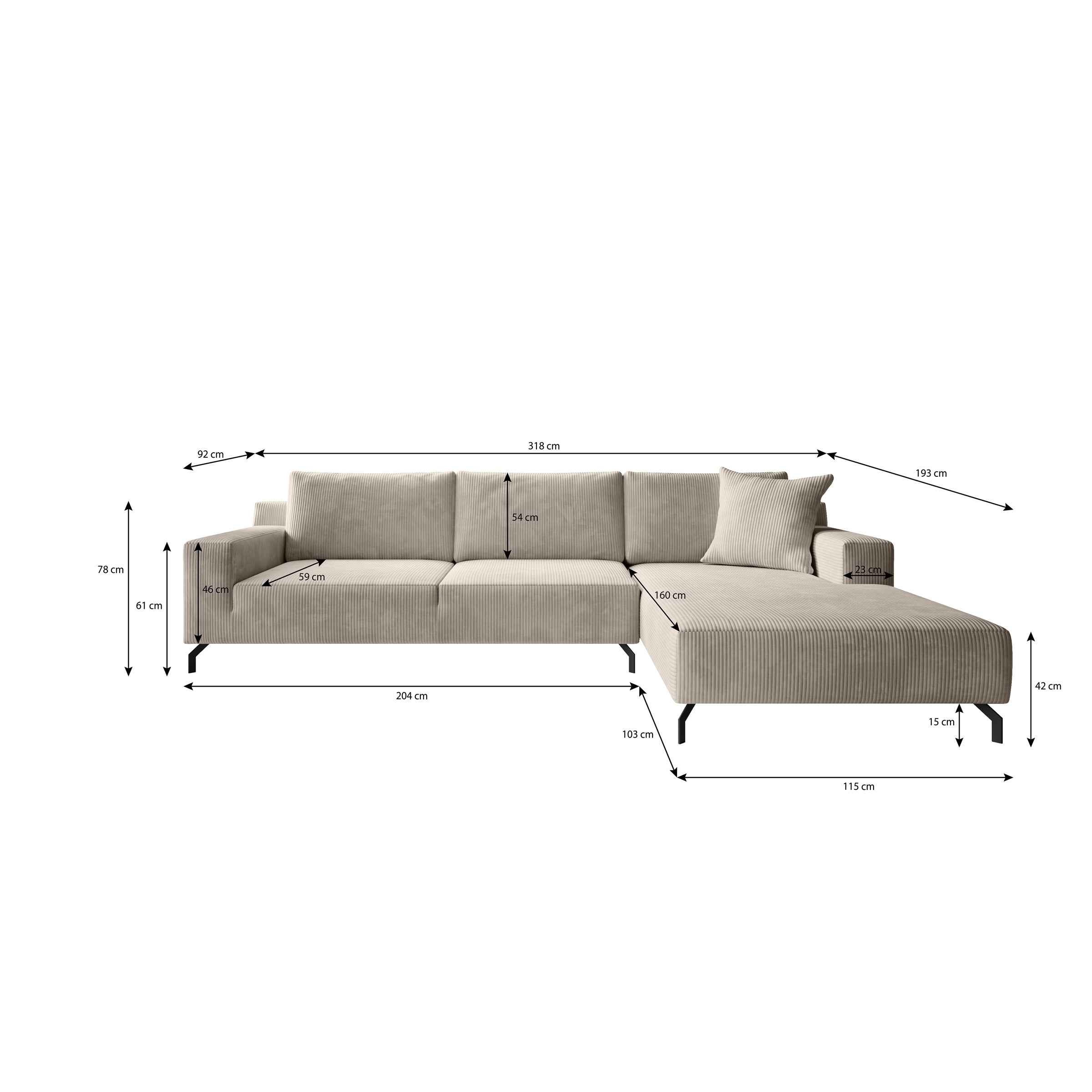 Florencio - Hoekbank 3-zits met CL - Ribstof beige - Rechts
