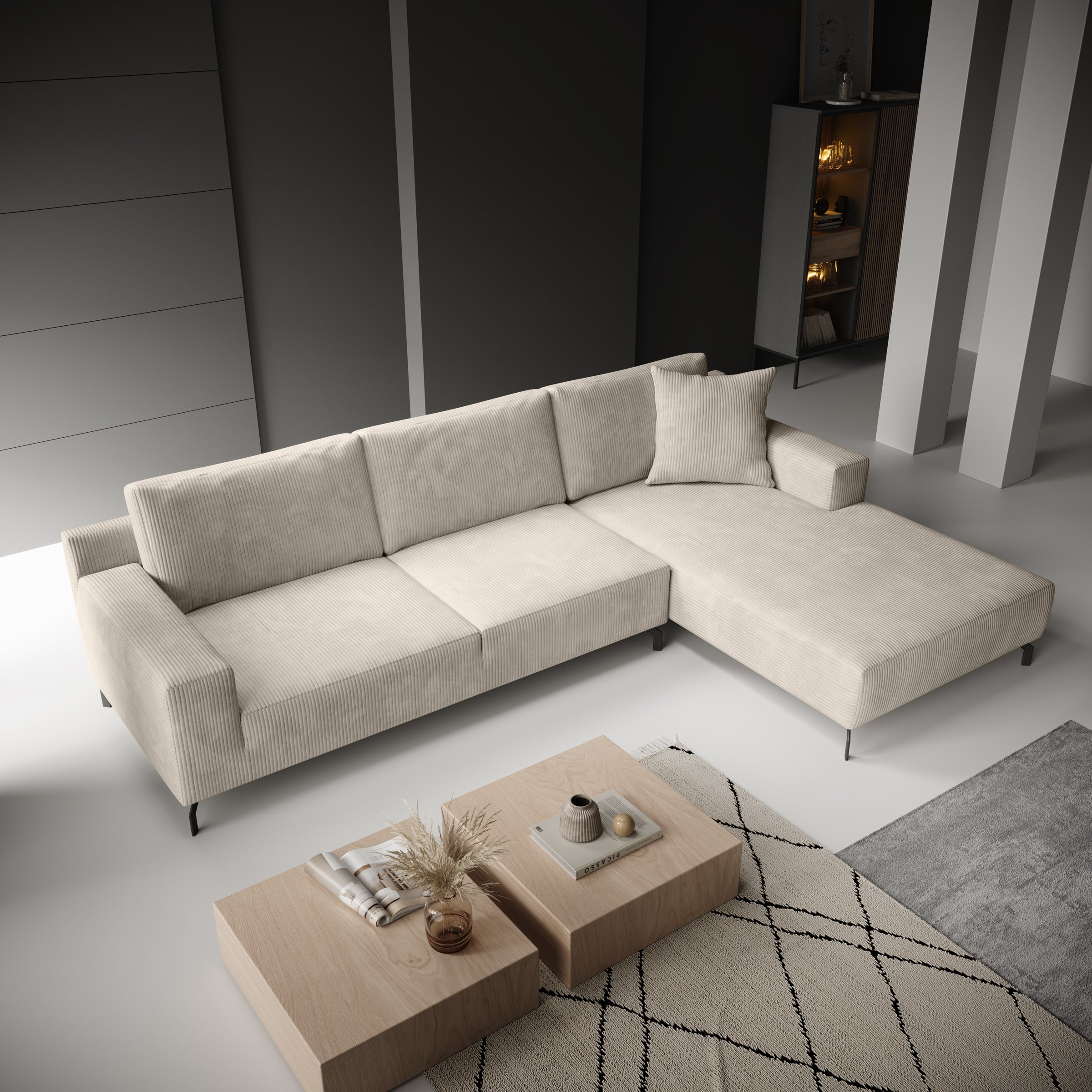 Florencio - Hoekbank 3-zits met CL - Ribstof beige - Rechts