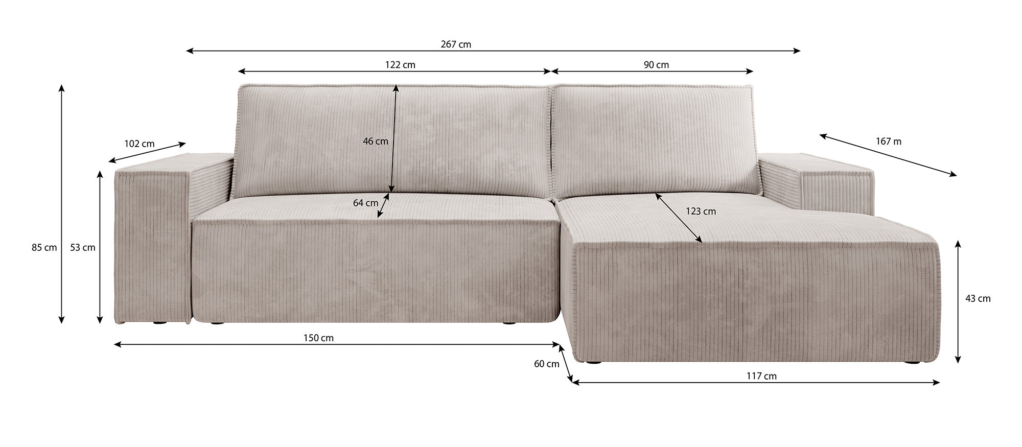 Foster - Hoekbank - Beige Ribstof - Rechts