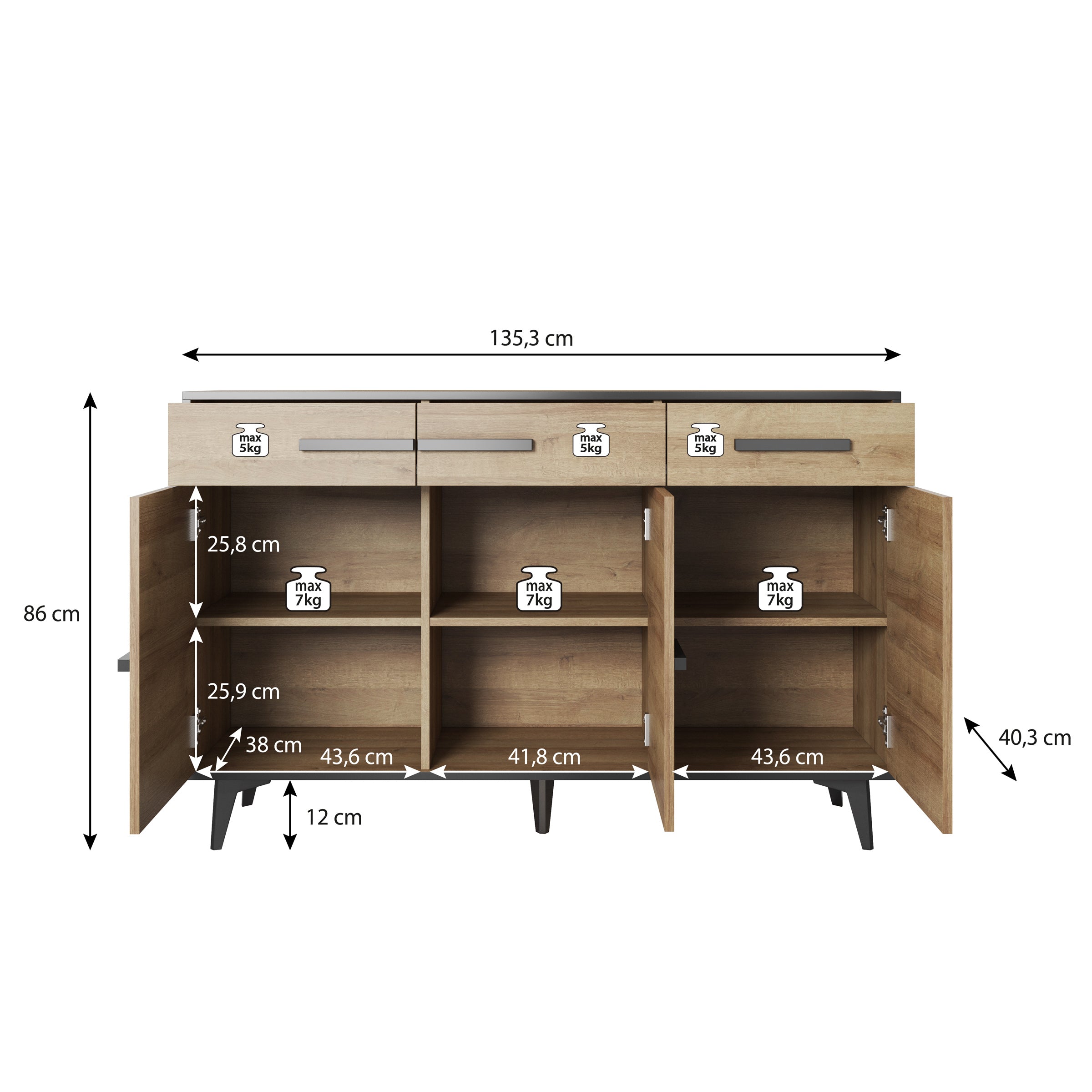 Frey - Dressoir - Donker eiken - Zwart - 135x40x86 cm