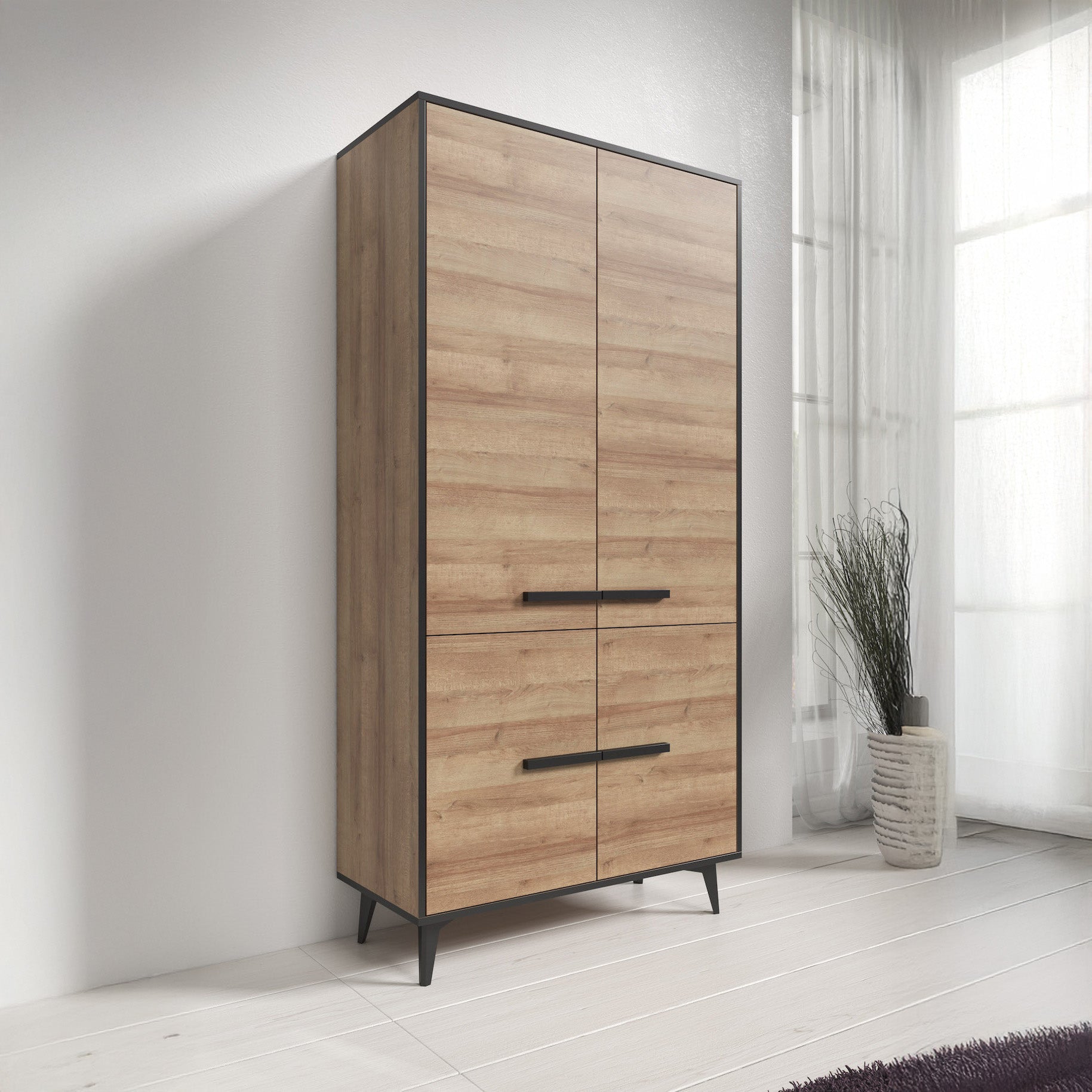 Frey - Opbergkast 4 deuren - Licht eiken/zwart - 91x40x185 cm