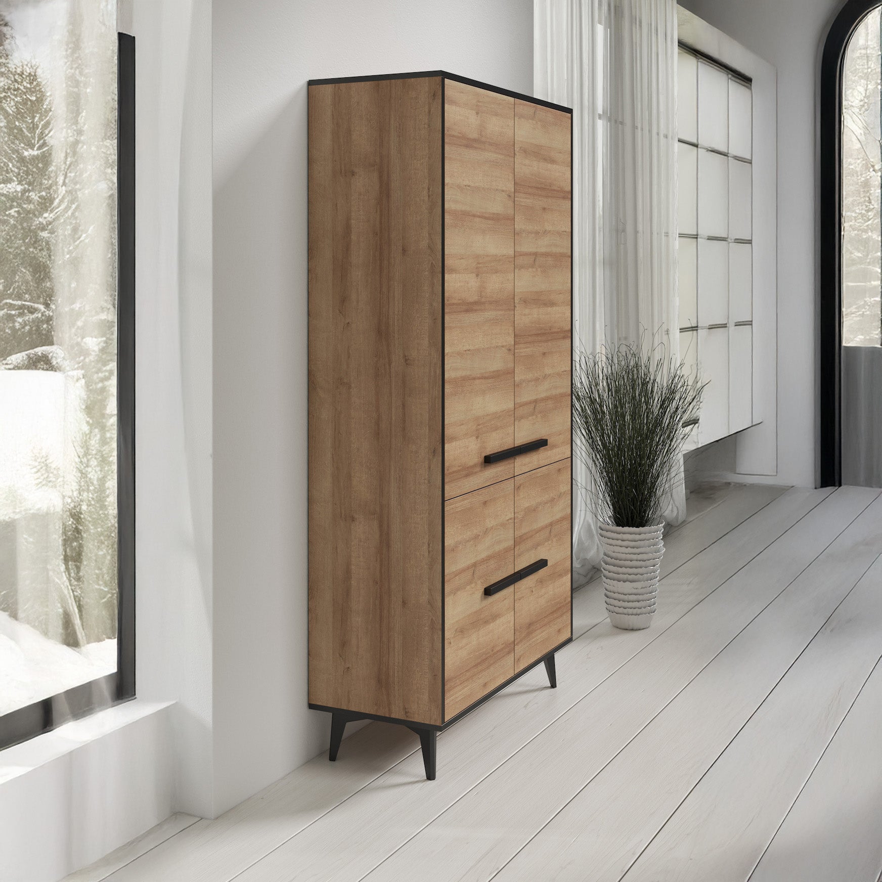 Frey - Opbergkast 4 deuren - Licht eiken/zwart - 91x40x185 cm