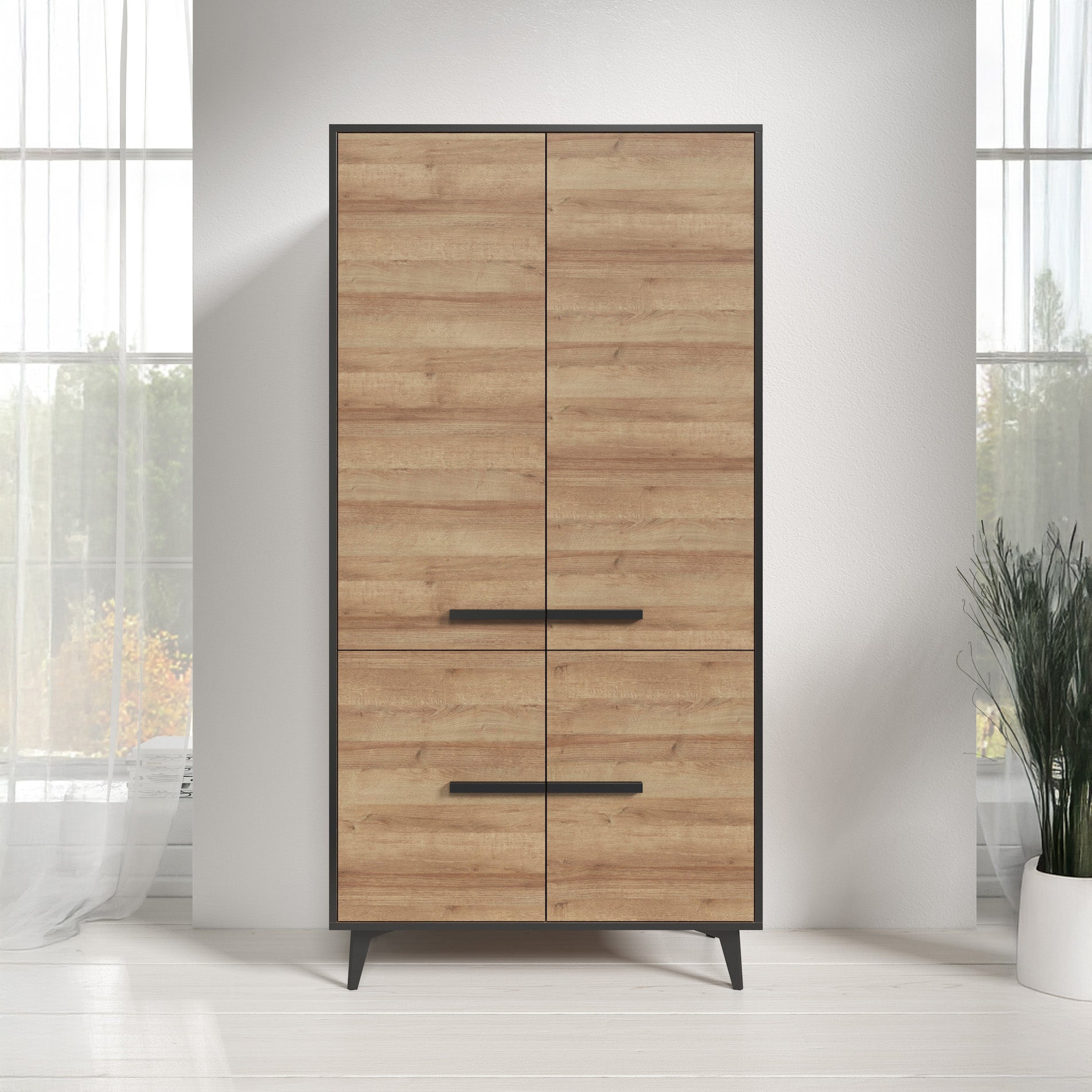 Frey - Opbergkast 4 deuren - Licht eiken/zwart - 91x40x185 cm