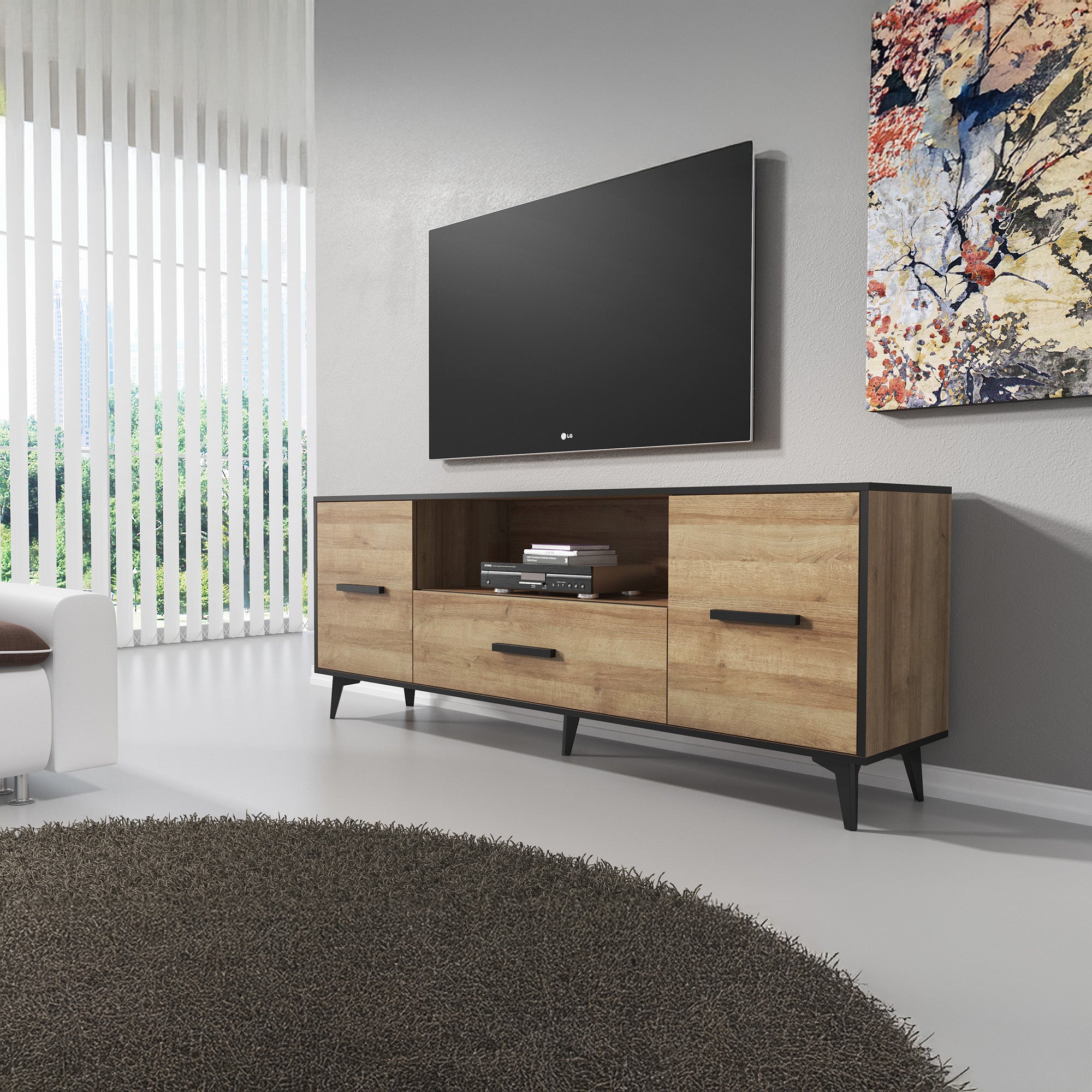 Frey - TV-Meubel - Licht eiken/zwart - 179x40x687 cm