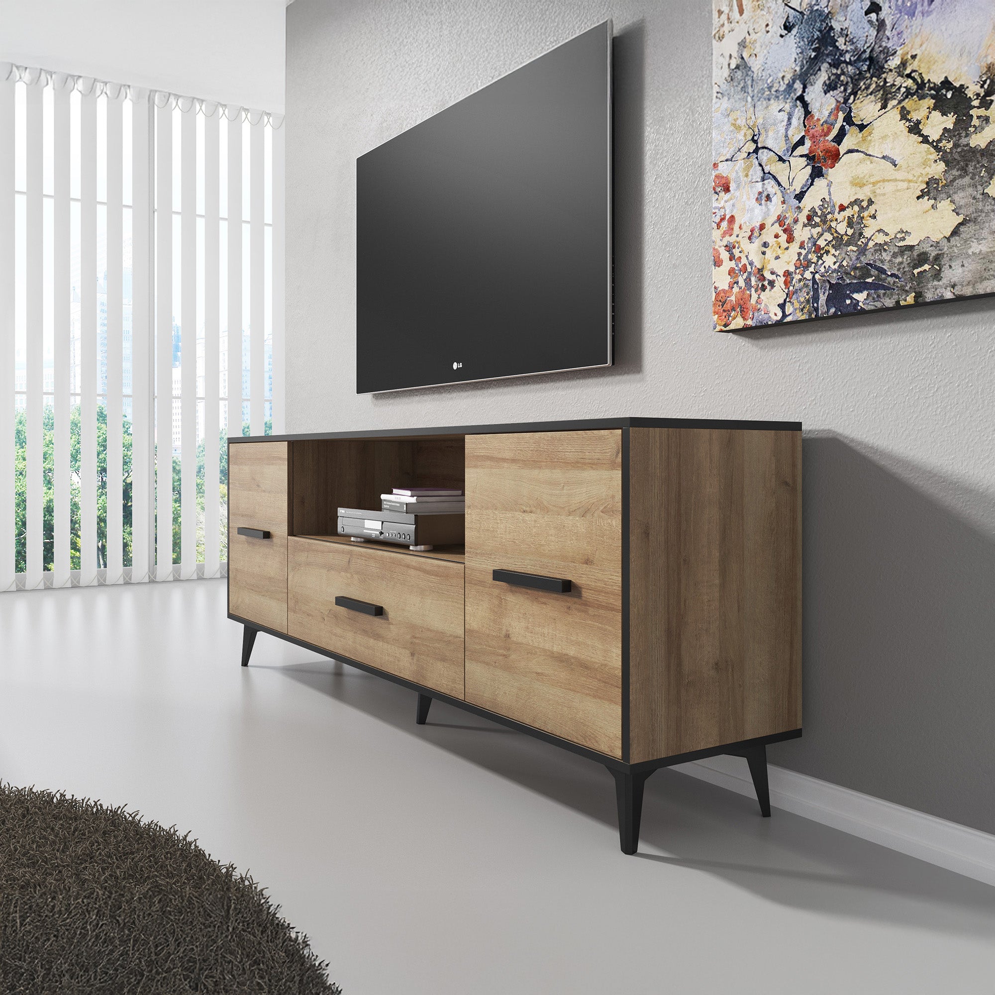 Frey - TV-Meubel - Licht eiken/zwart - 179x40x687 cm