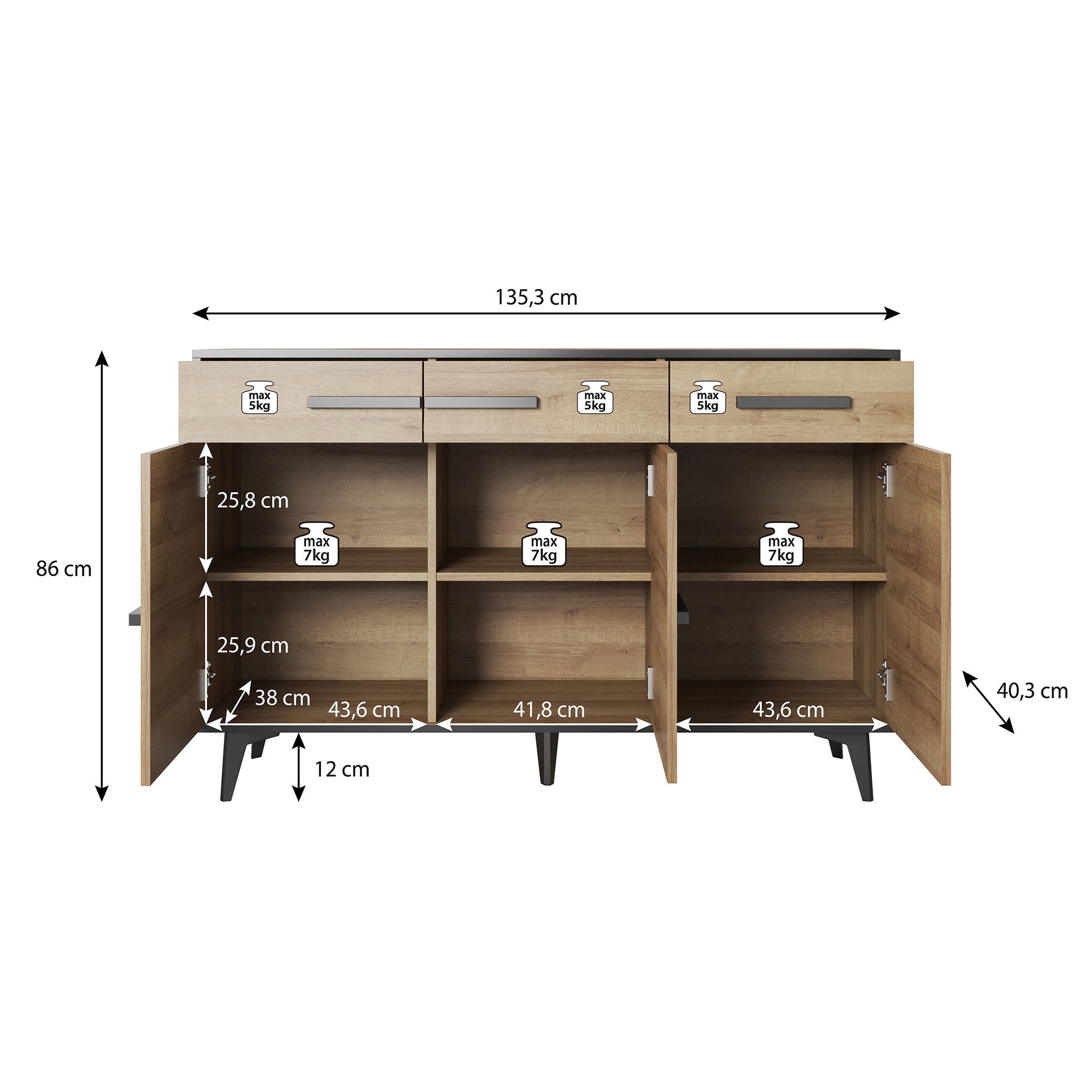 Frey - Dressoir - Licht eiken/zwart - 135x40x86 cm