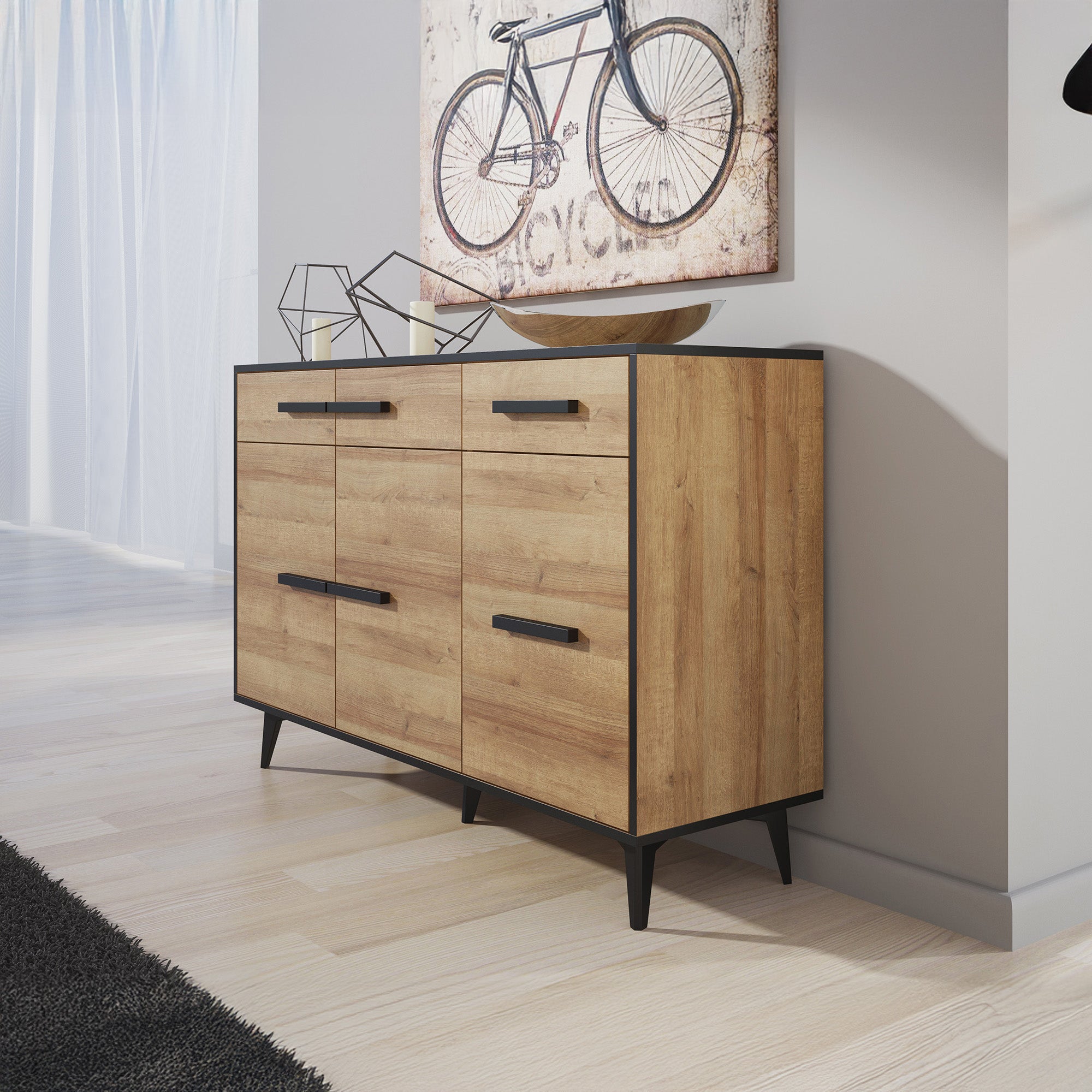 Frey - Dressoir - Licht eiken/zwart - 135x40x86 cm