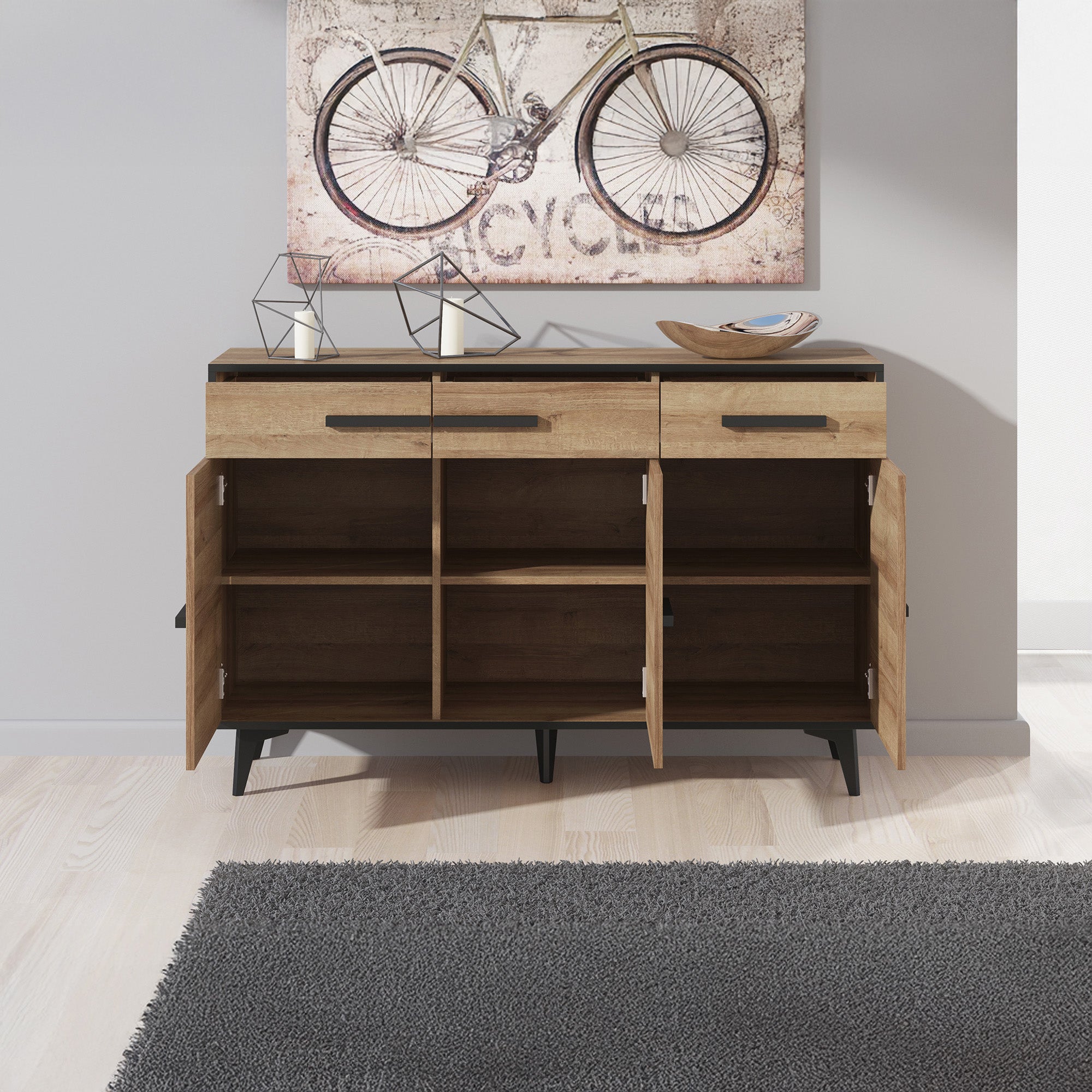 Frey - Dressoir - Licht eiken/zwart - 135x40x86 cm