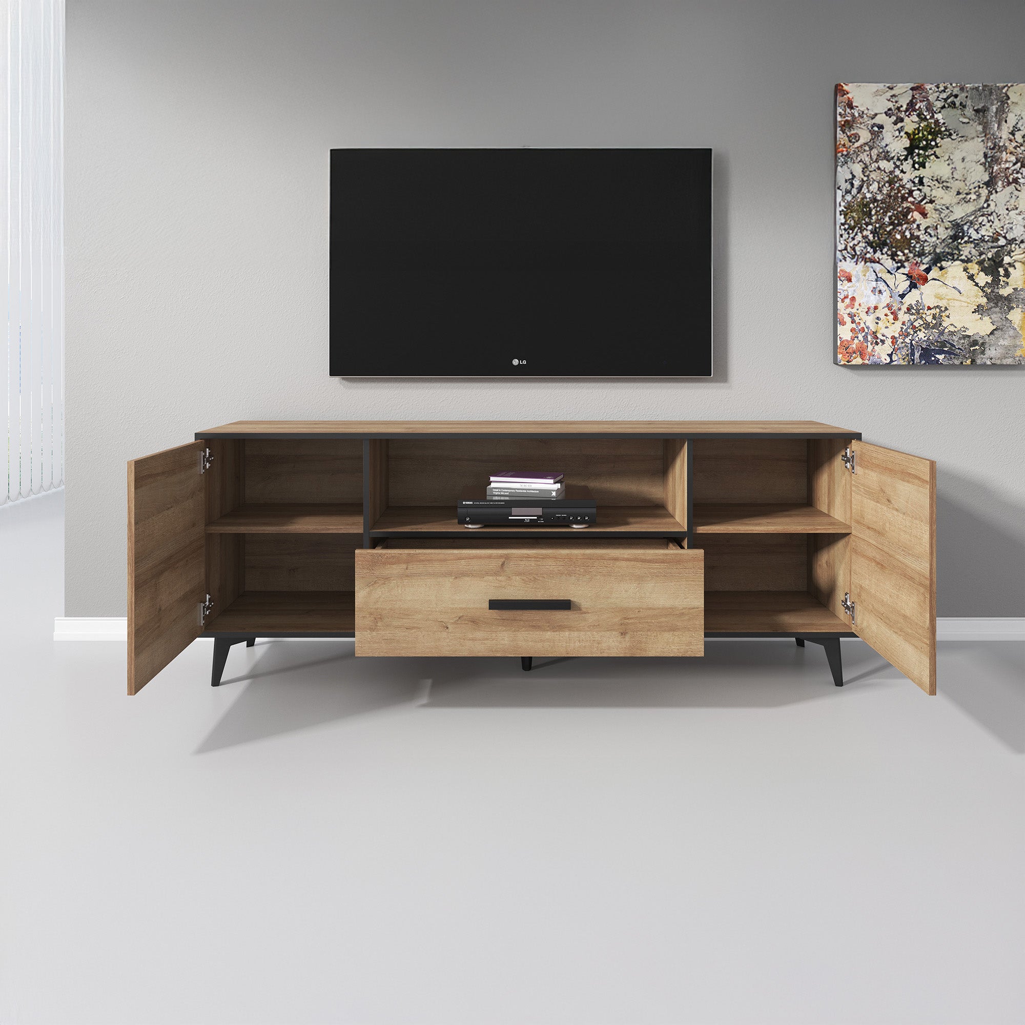 Frey - TV-Meubel - Licht eiken/zwart - 179x40x687 cm