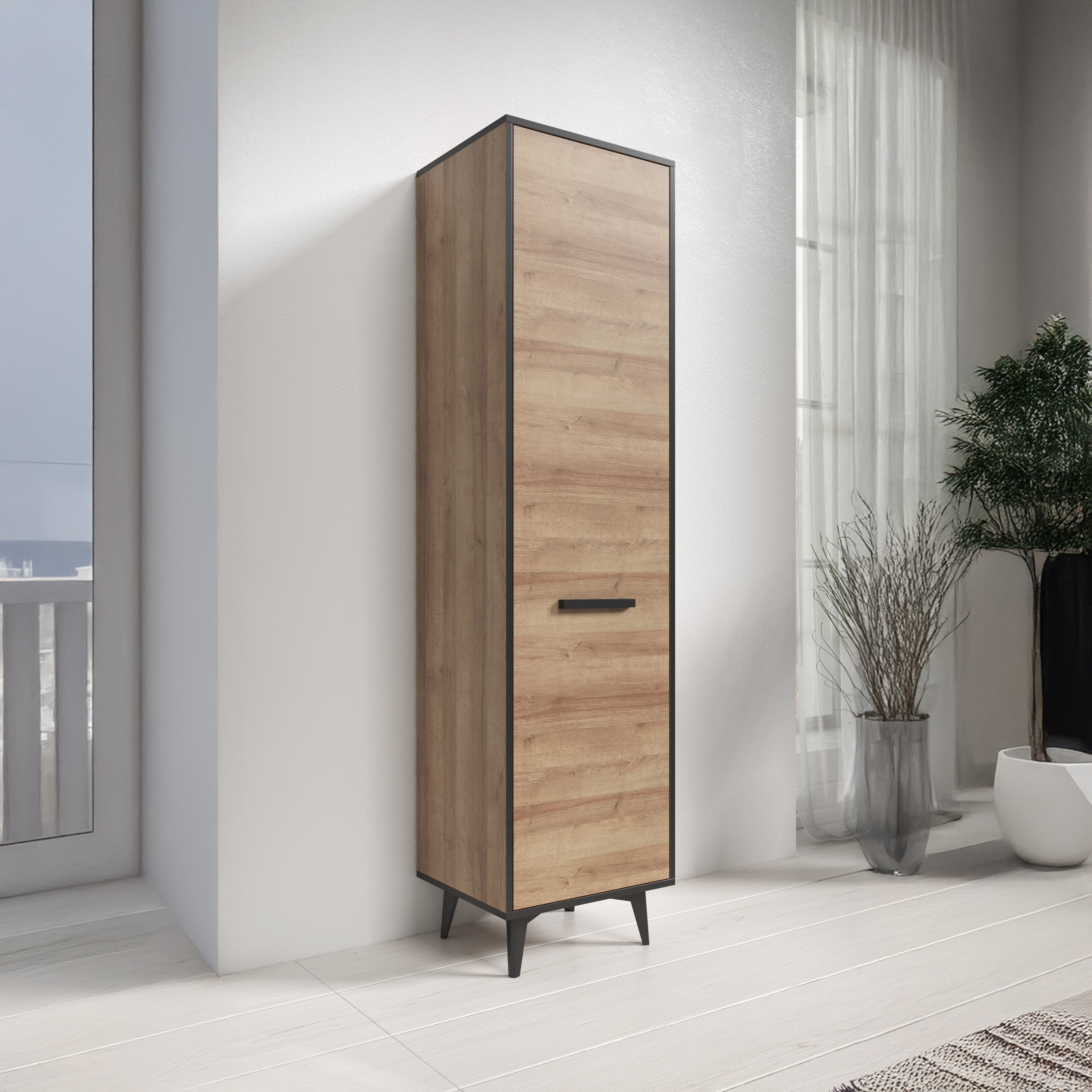 Frey - Vitrinekast - Licht eiken - Zwart - 47x40x185 cm