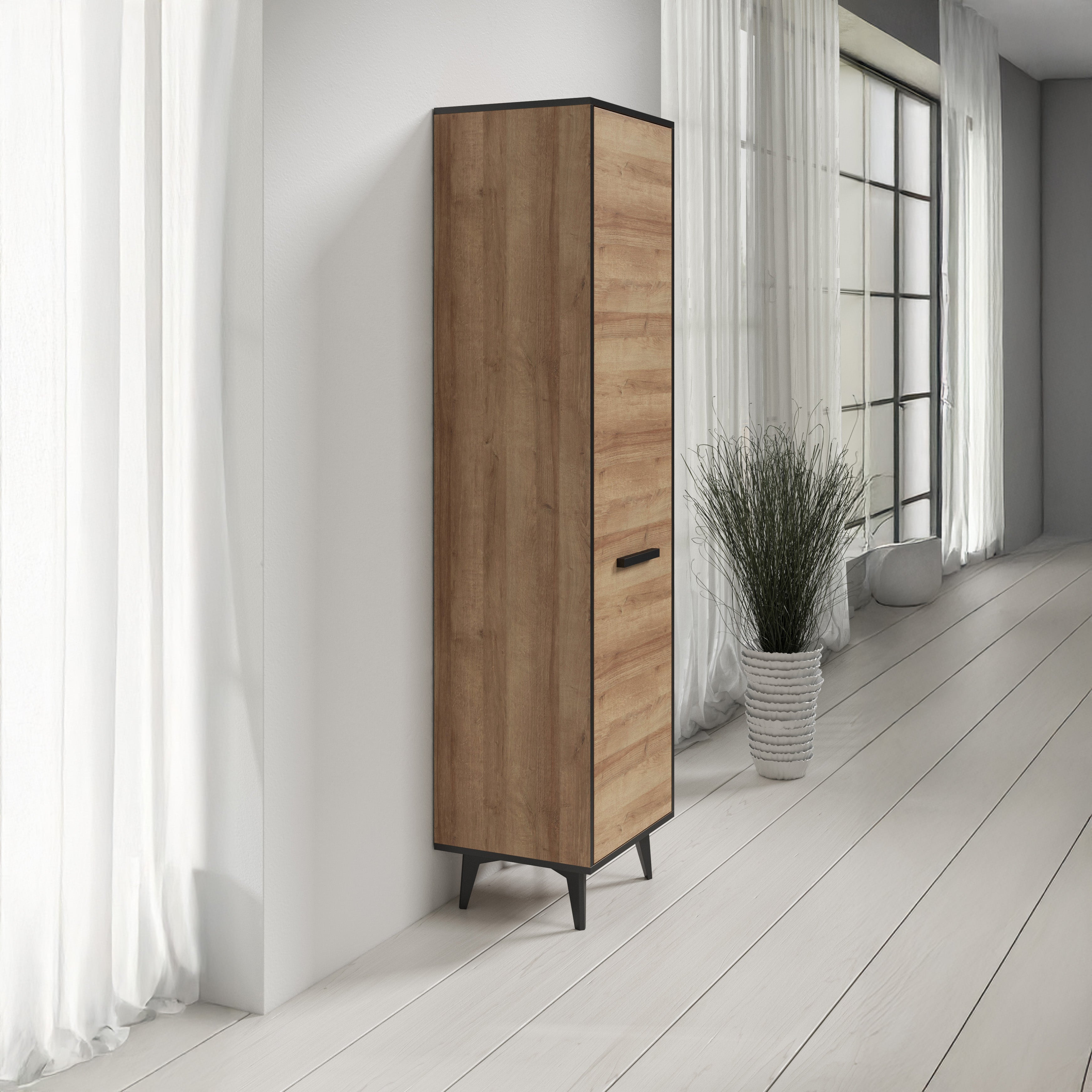 Frey - Vitrinekast - Licht eiken - Zwart - 47x40x185 cm