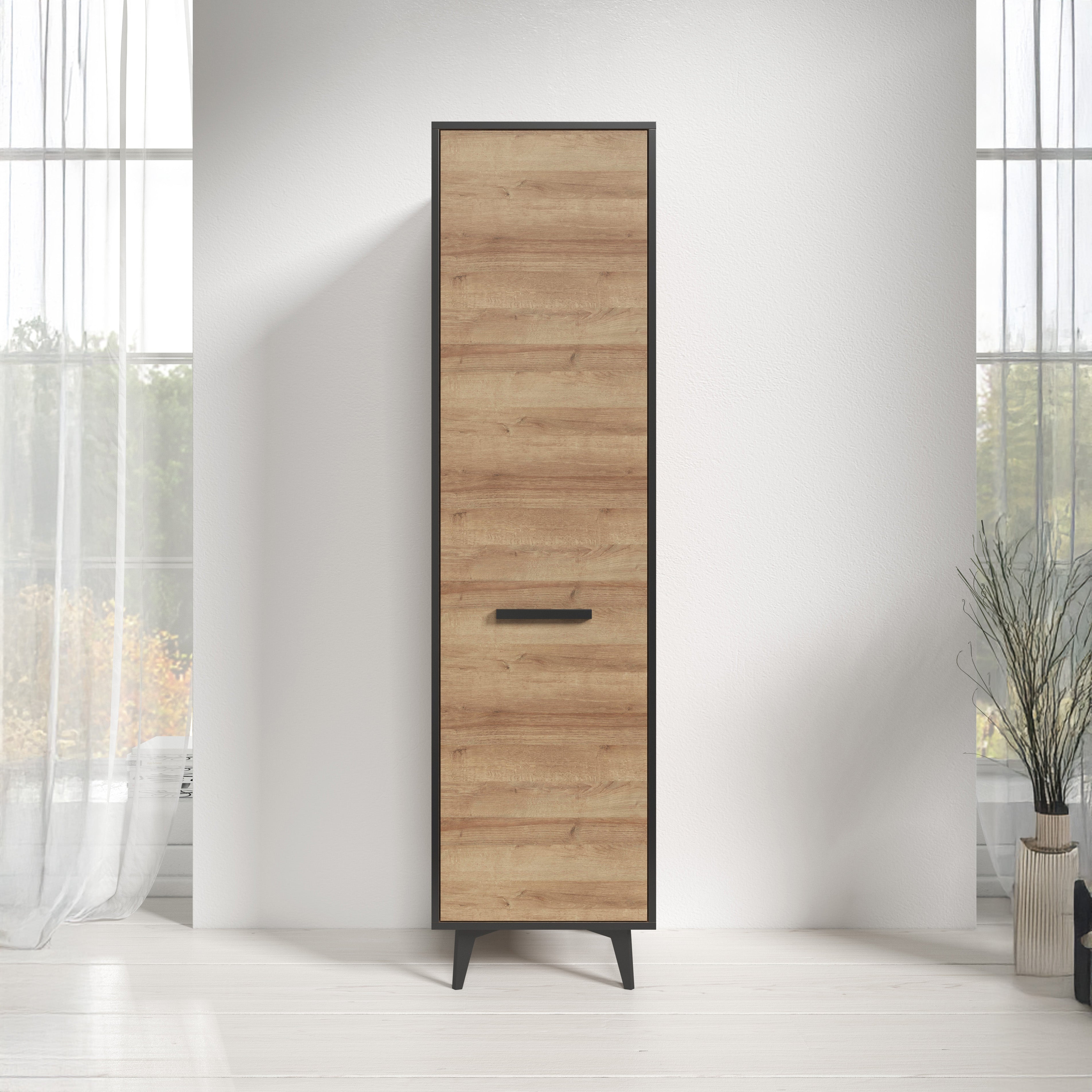 Frey - Vitrinekast - Licht eiken - Zwart - 47x40x185 cm