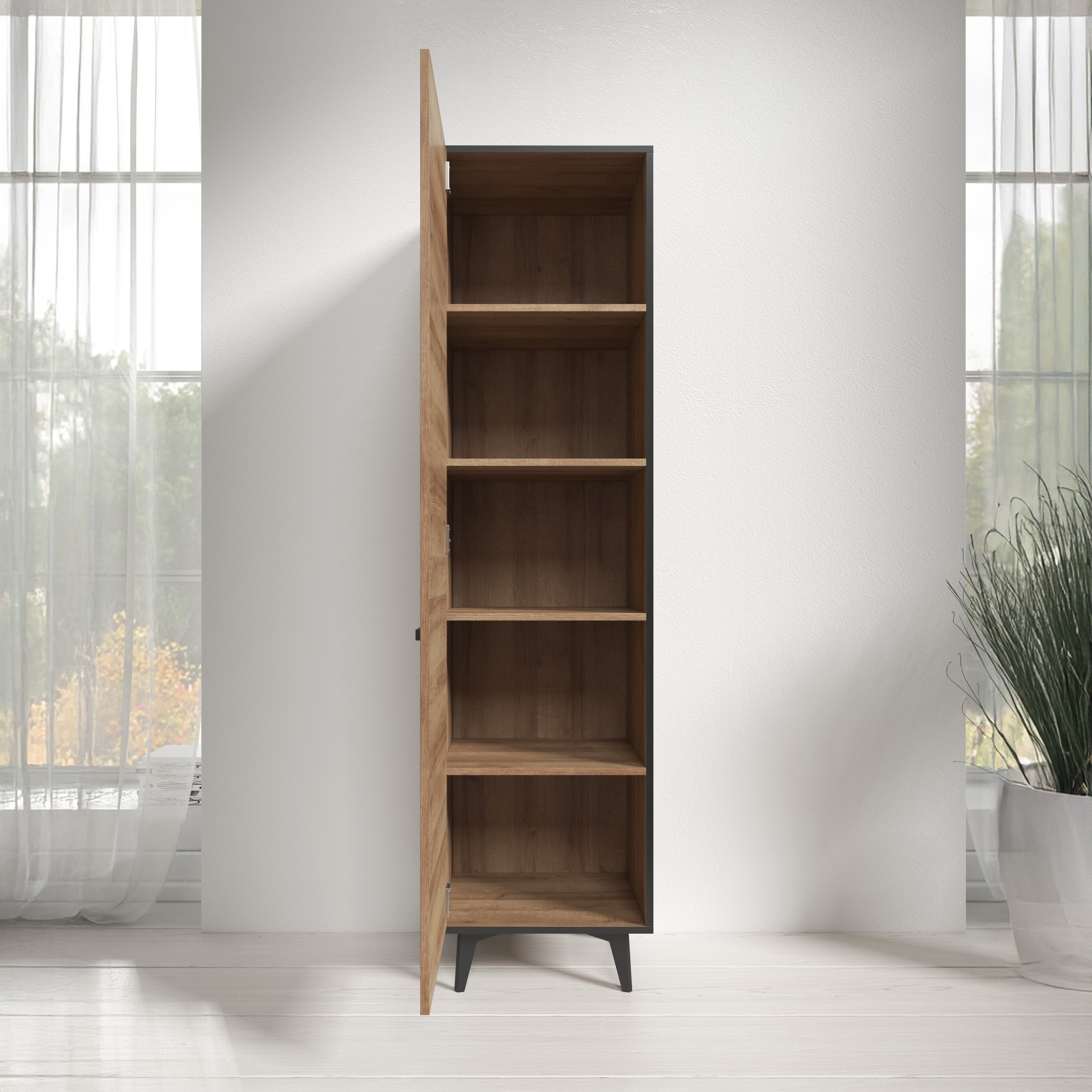 Frey - Vitrinekast - Licht eiken - Zwart - 47x40x185 cm